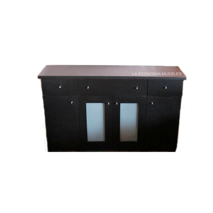 Vajillero de 1.60m con cuatro puertas, dos con vidrios esmerilados y cuatro cajones con guías metálicas. Tonos: wengué negro o blanco.