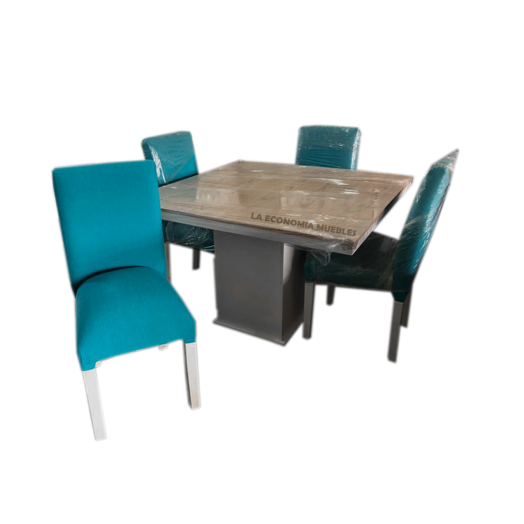 Mesa en paraíso con columna central laqueada blanca  (1.30m x 1.30m) con cuatro sillas en chenille liso turquesa con patas blancas. (colores a elección).