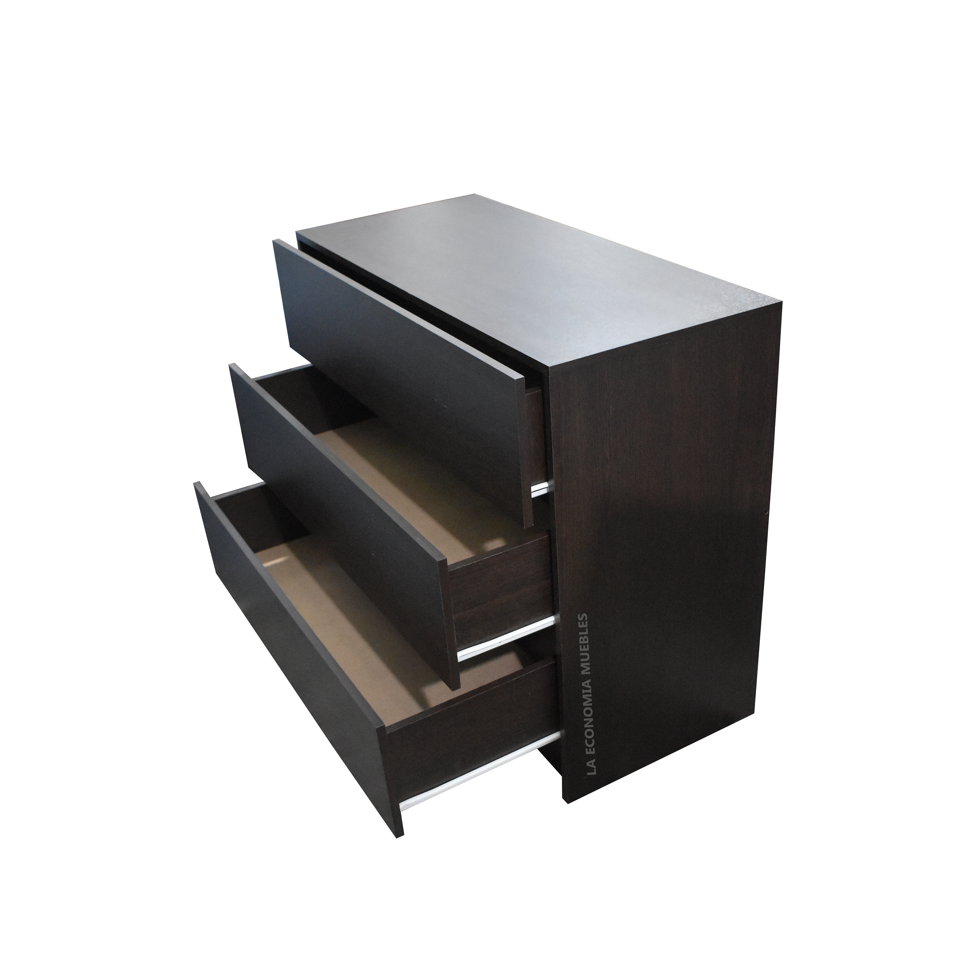 Cómoda de tres cajones con corredera metálica. Color wengué, mogno, roble y blanco.