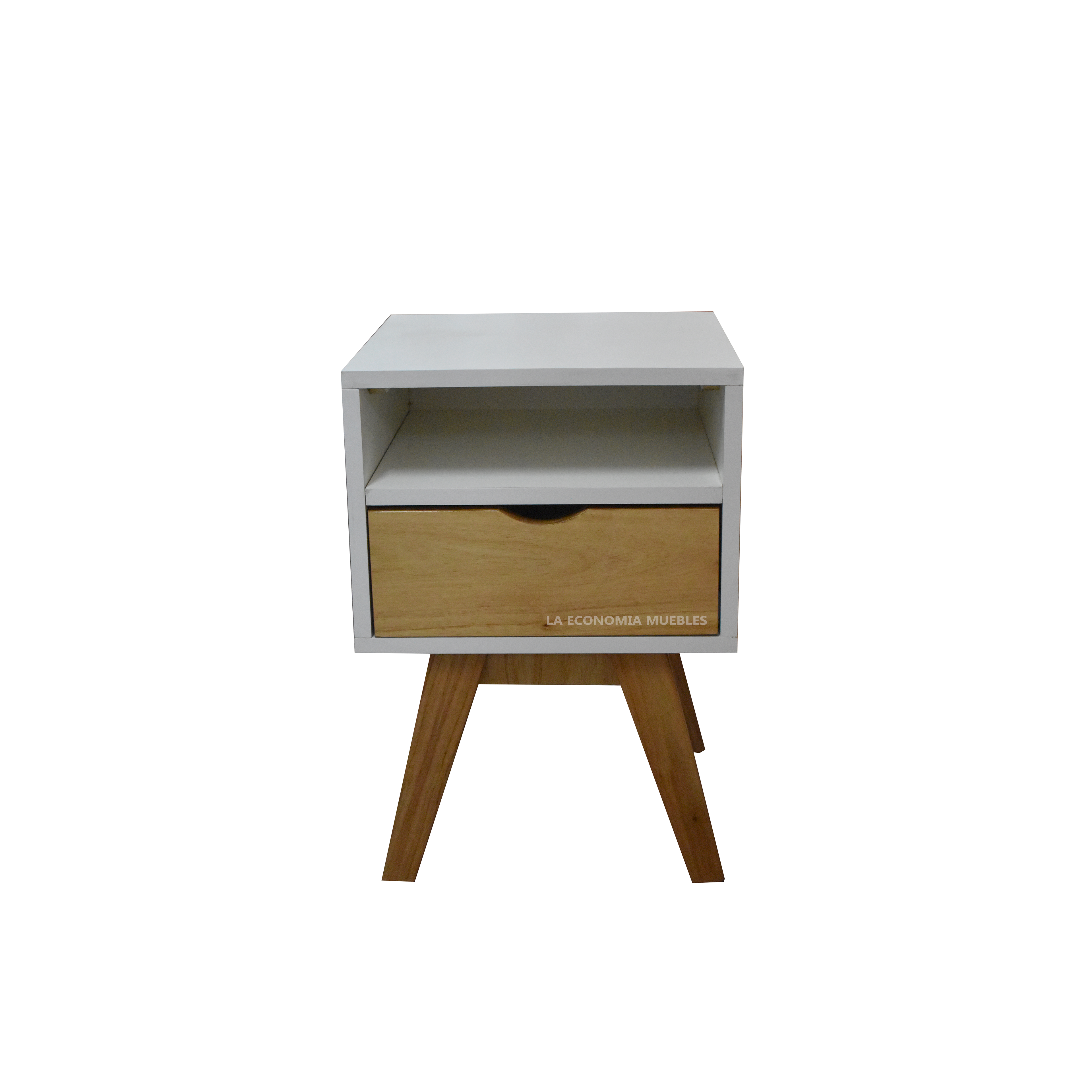 Mesa de luz escandinava, con un cajón con guía metálica.