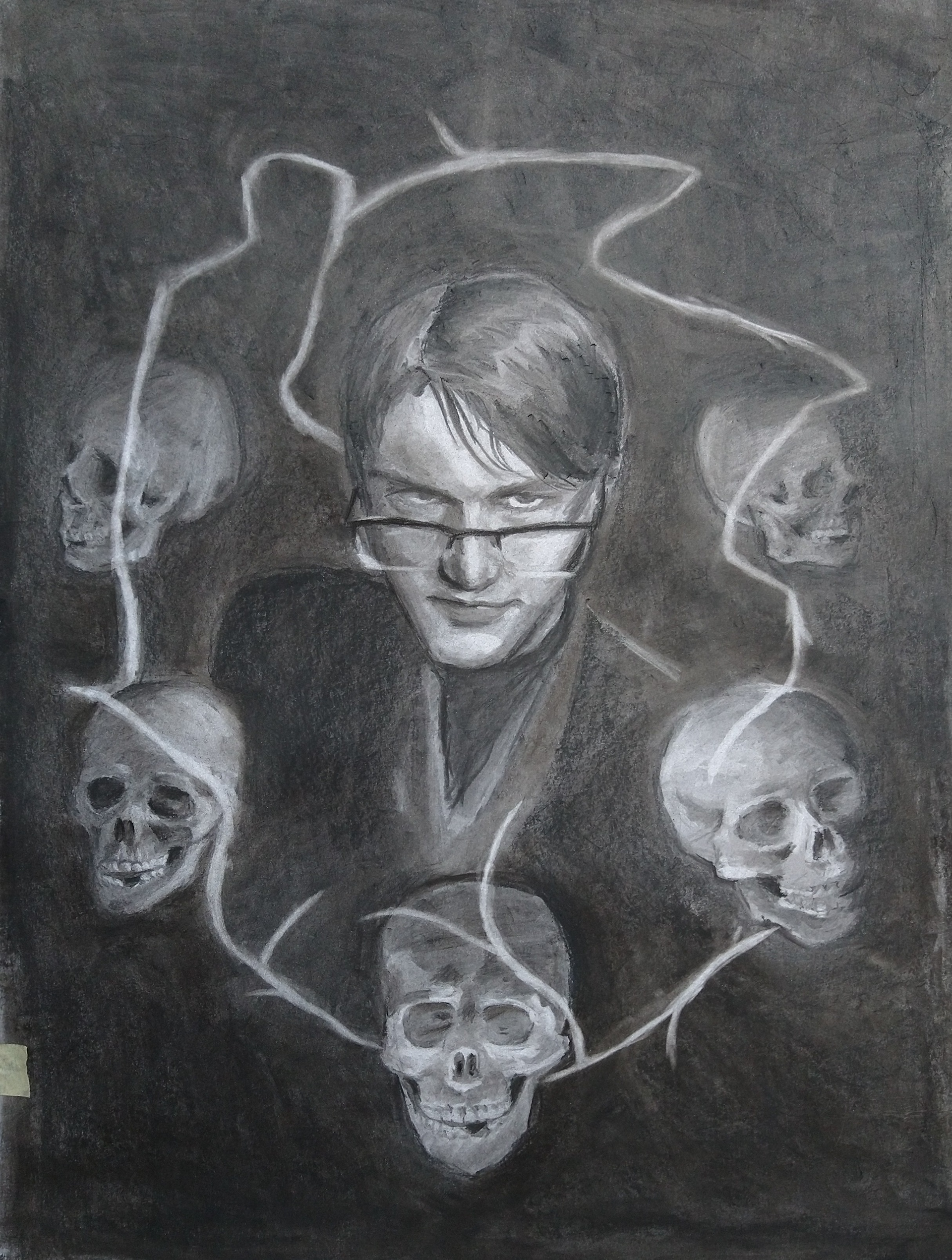 portrait with skulls in charcoal
