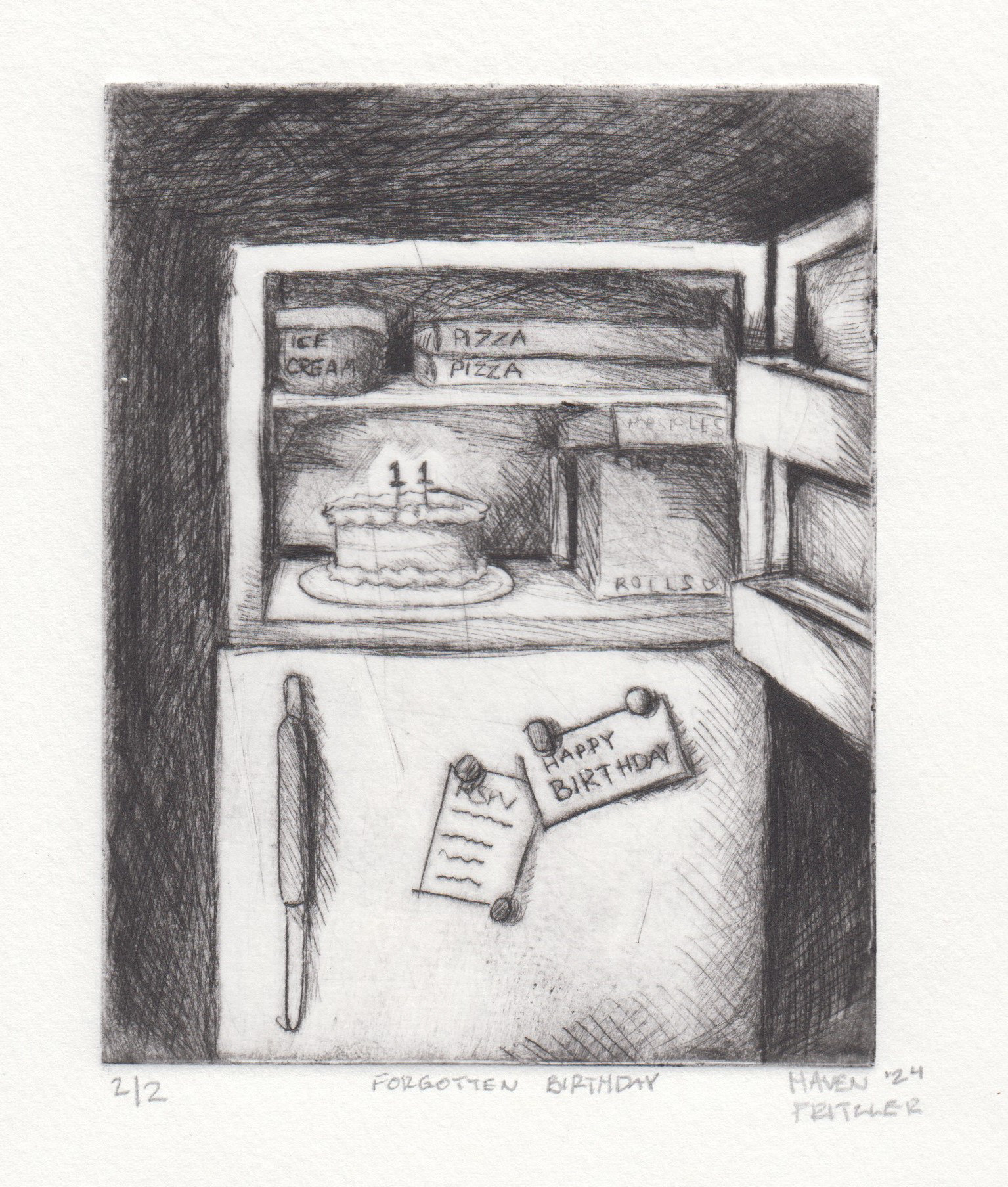 forgotten birthday - etched intaglio print