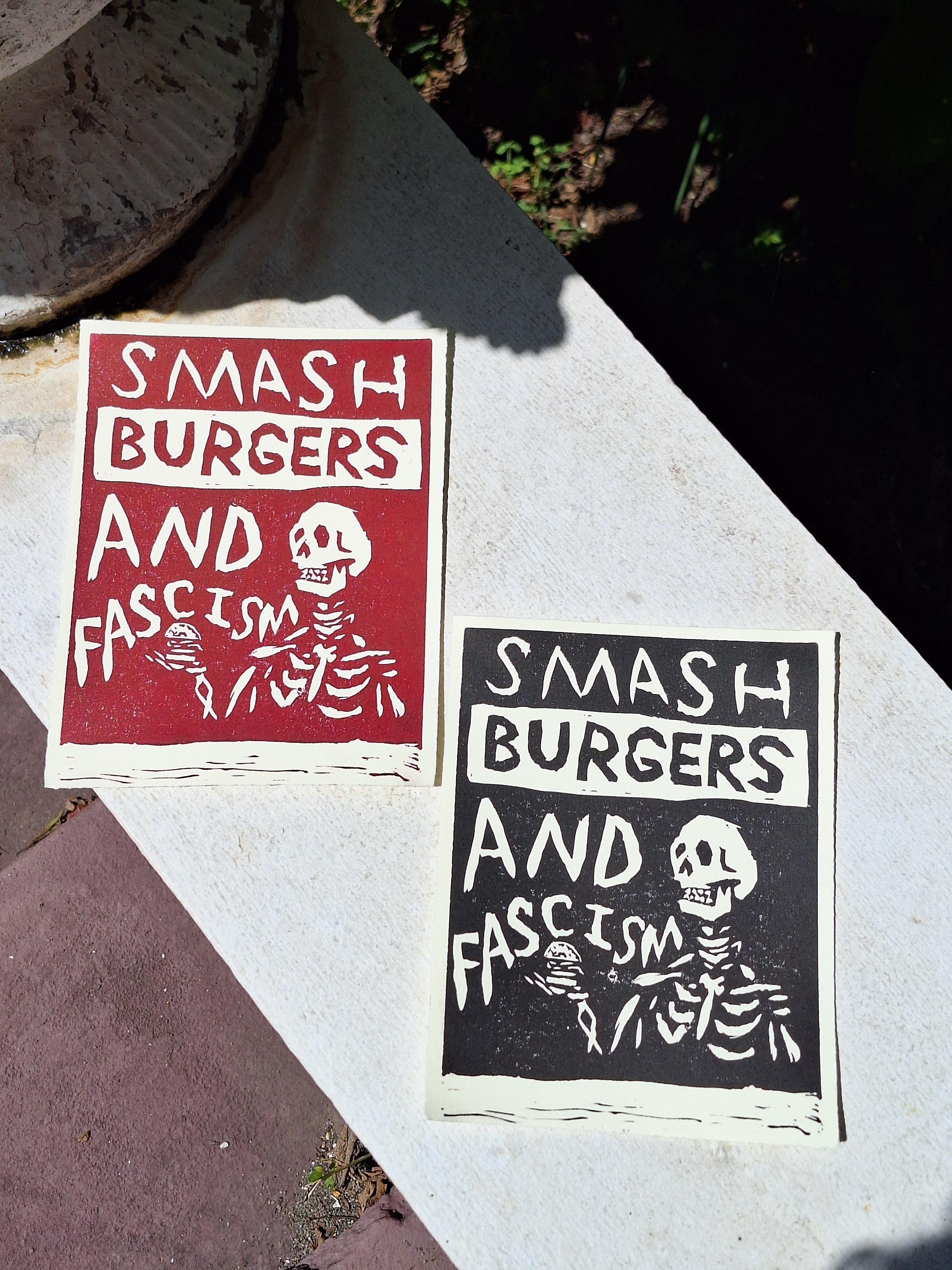 "Smash Burgers and Fascism' linocut (2025)