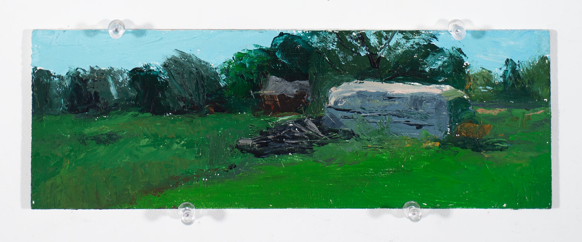 "Overtaken Bus - Far View", 2025, Oil on panel, 3 5-16x10