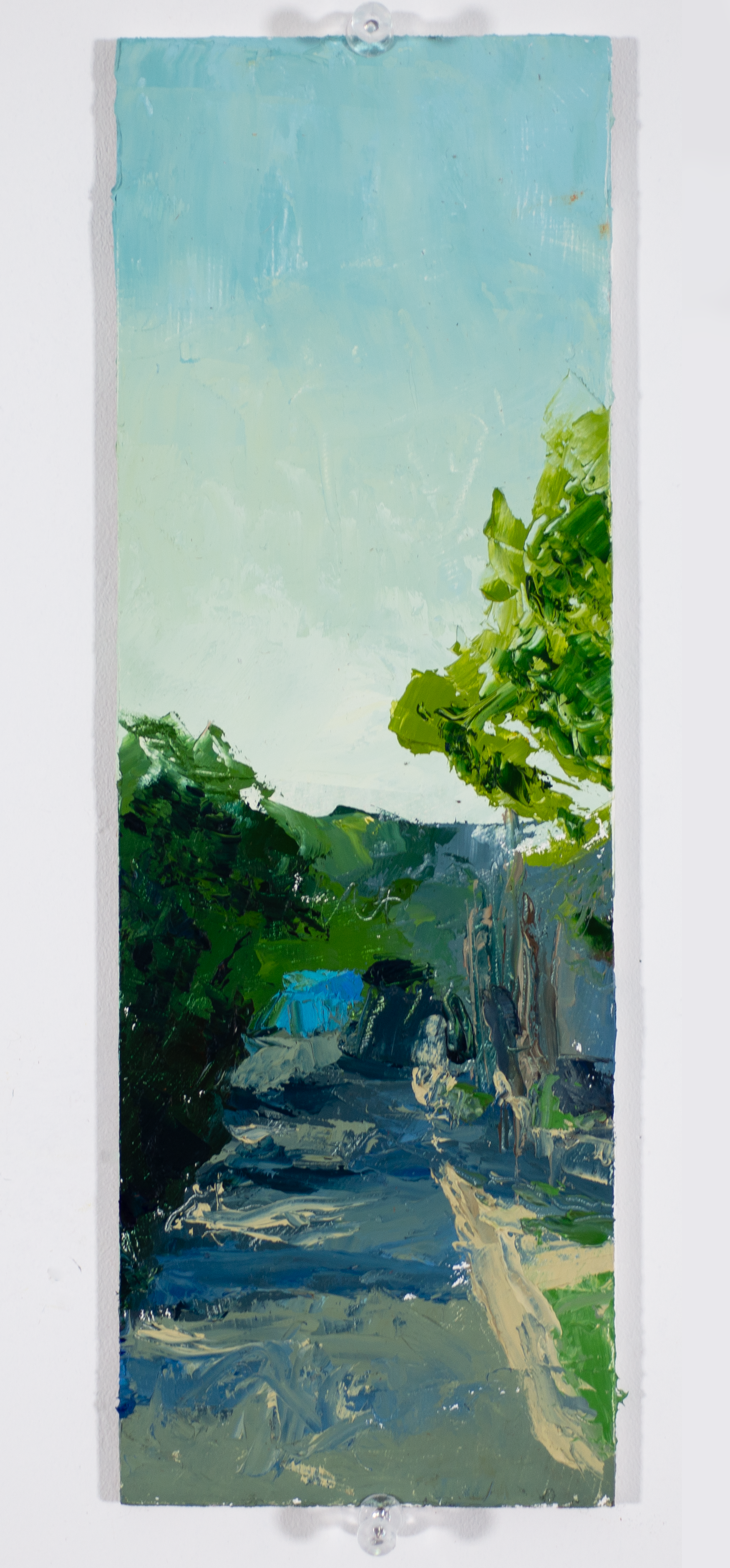 "Hometown Street View", 2025, Oil on panel, 10x3 5-16