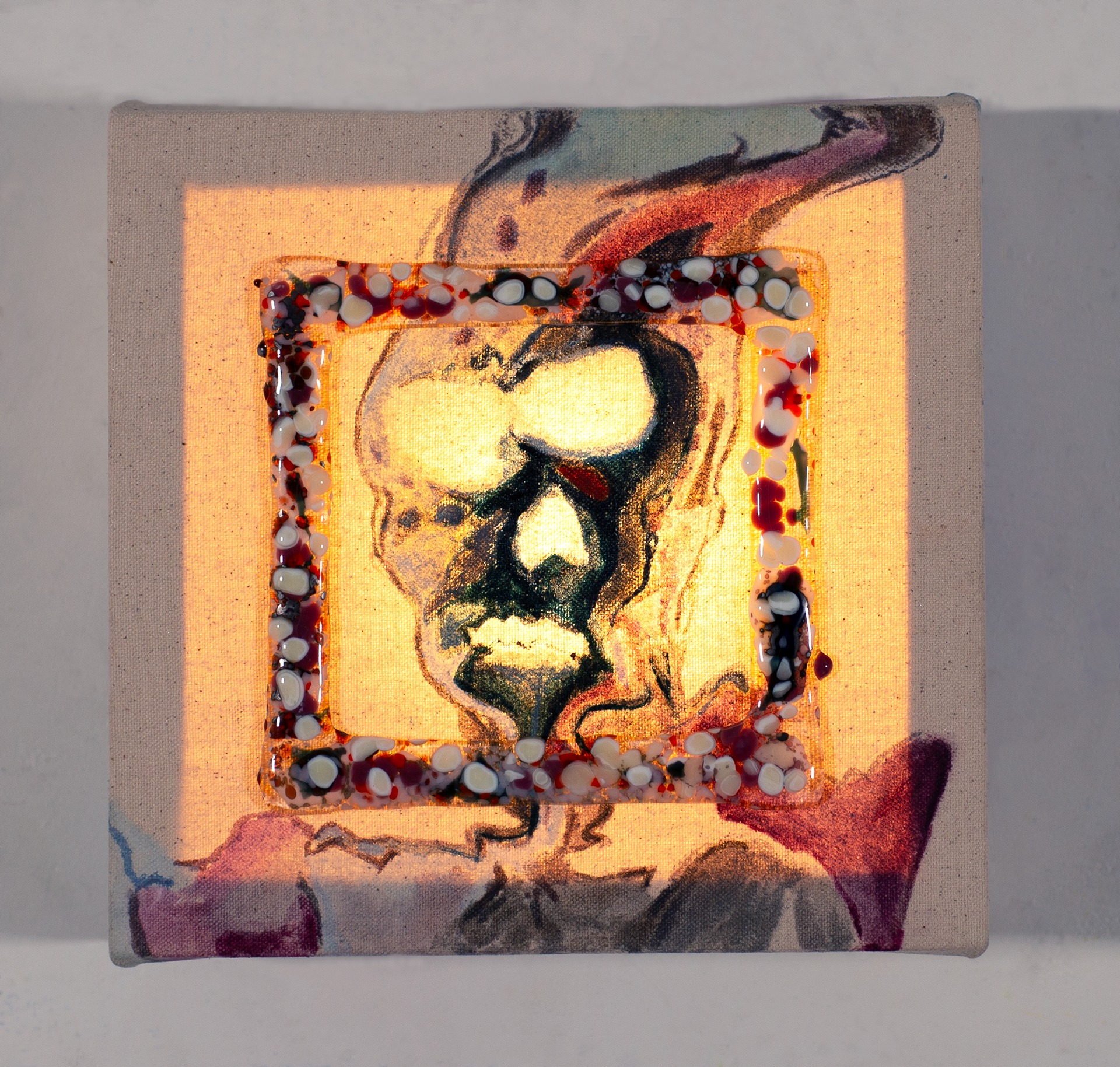 "Color in my Moods" pt.1 , 2025, Oil and glass on canvas with light, 9x9x4in