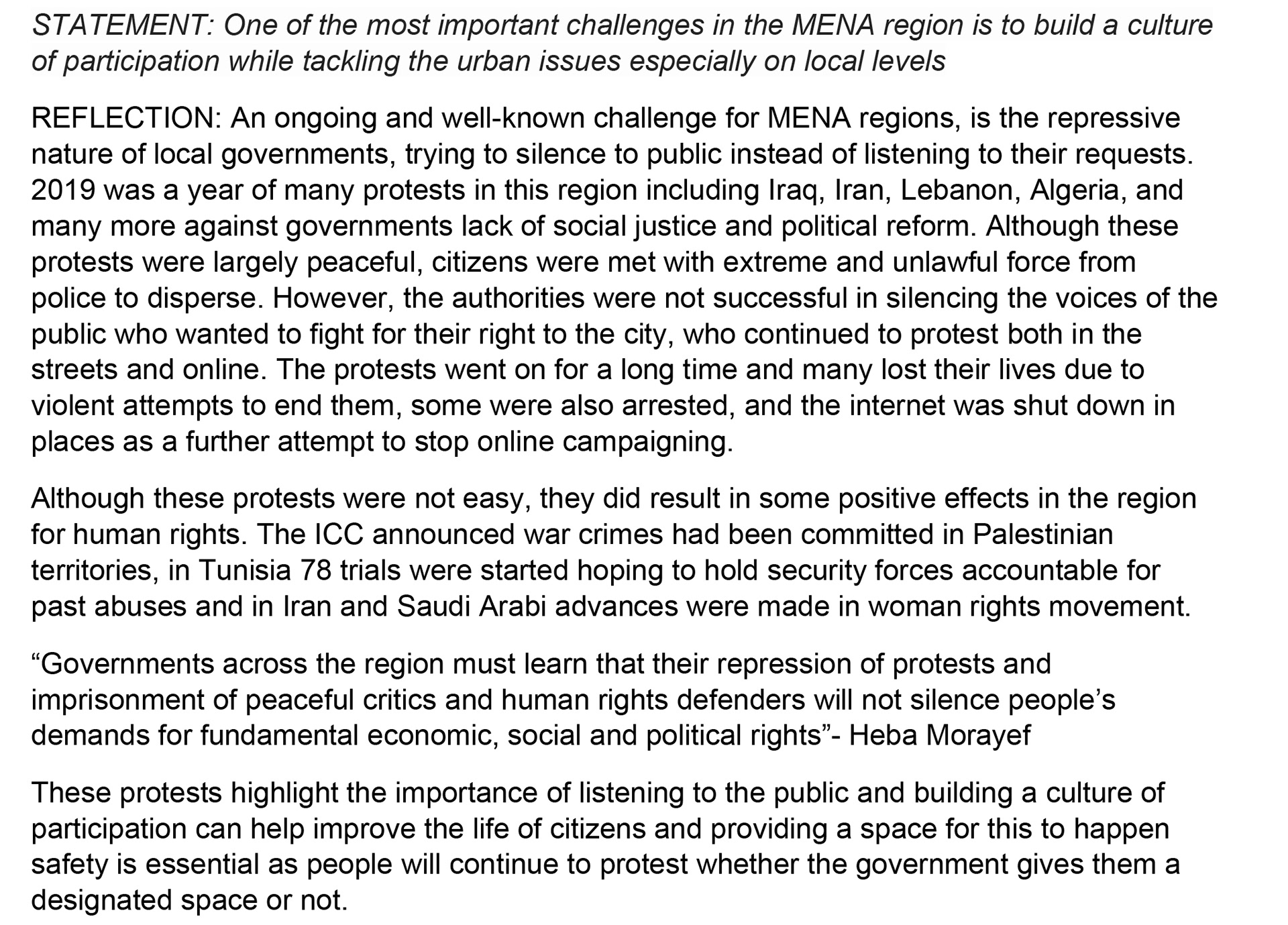 Personal Reflection about challenges faced in MENA region