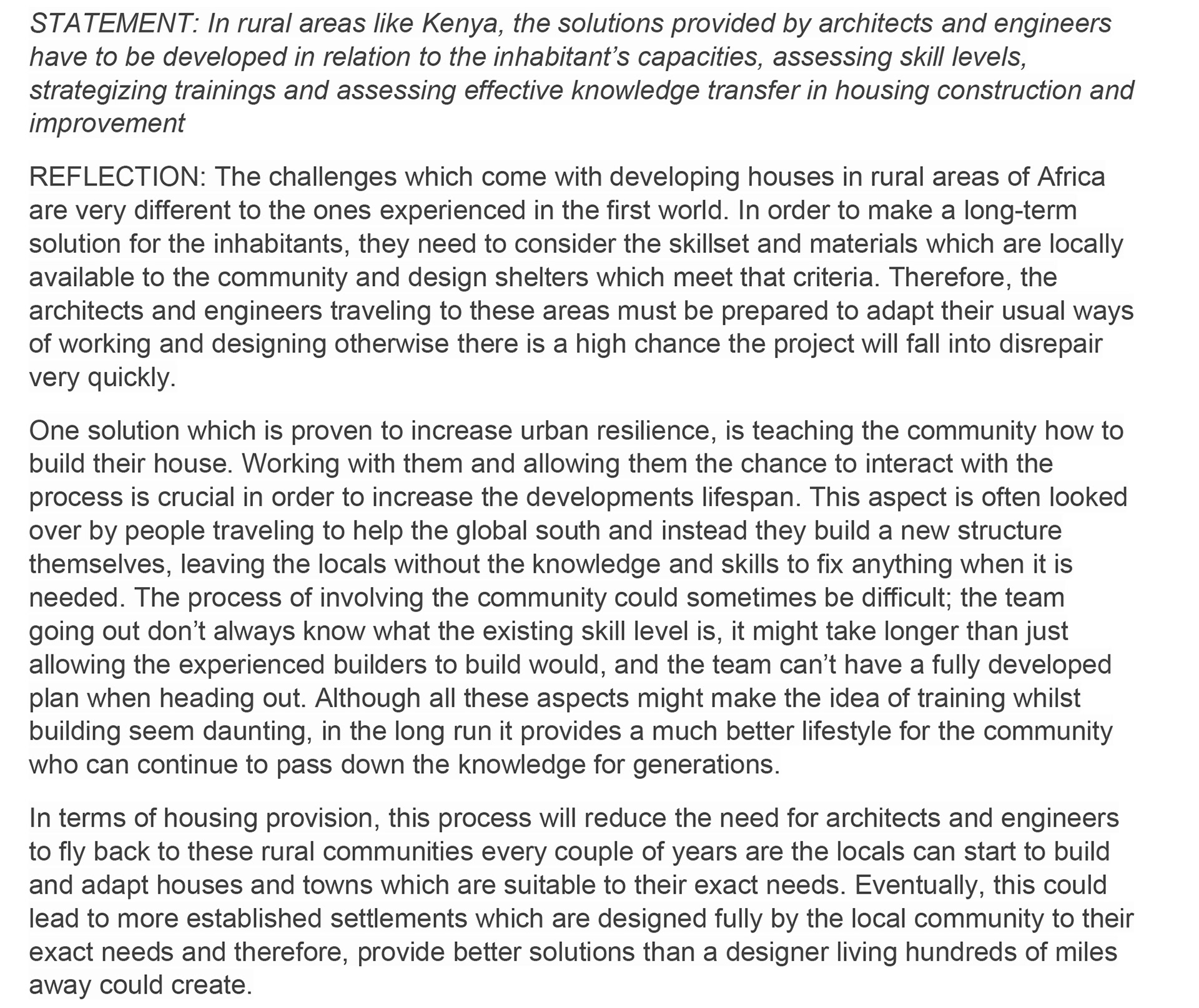 Personal Reflection about housing issues in Africa