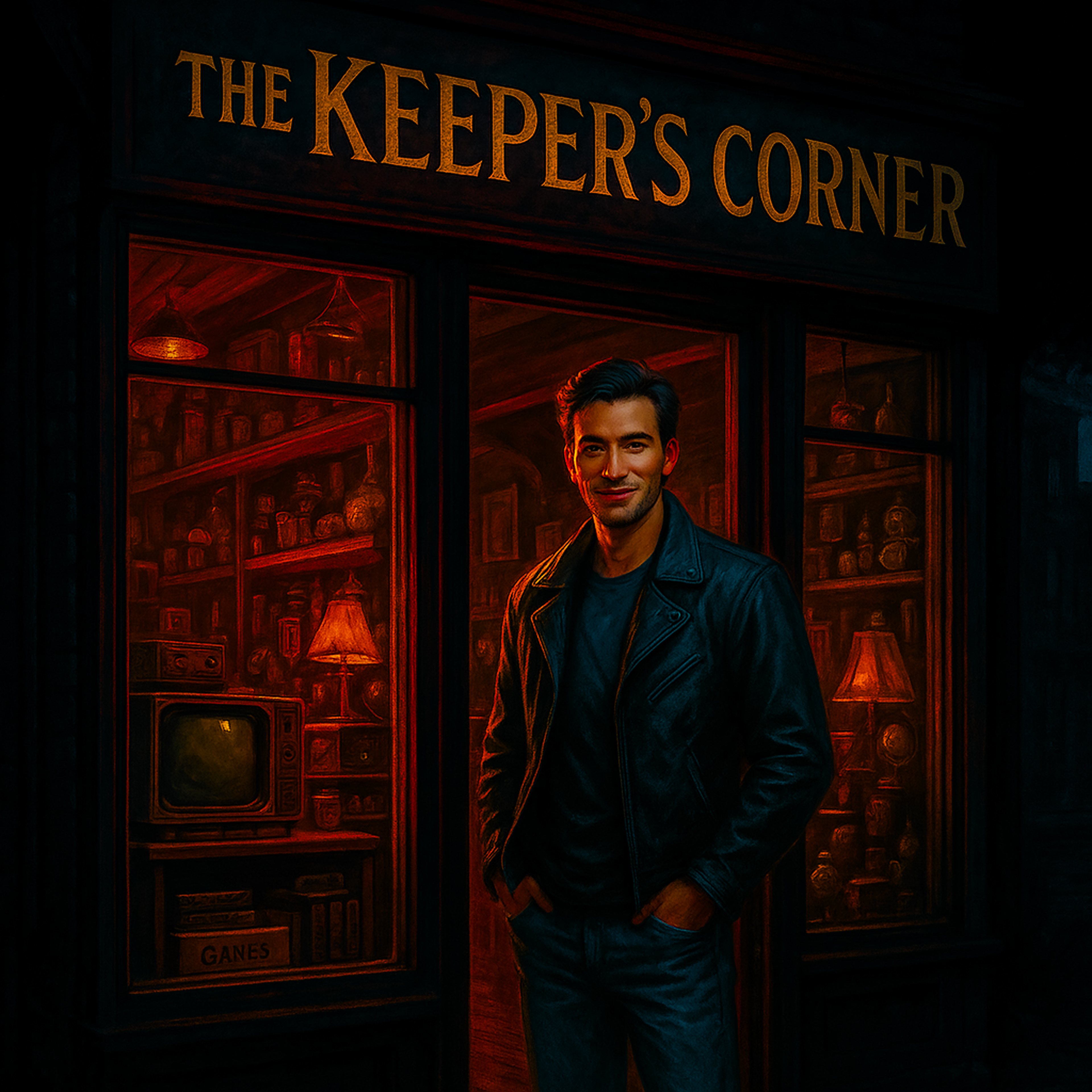 At dusk, a lean man in a leather jacket leans against the warm-lit window of “The Keeper’s Corner,” a cozy, antique-filled shop. The amber glow reflects off glass jars, vintage radios, and muted curiosities—a moody and intimate portrait of mystery and place