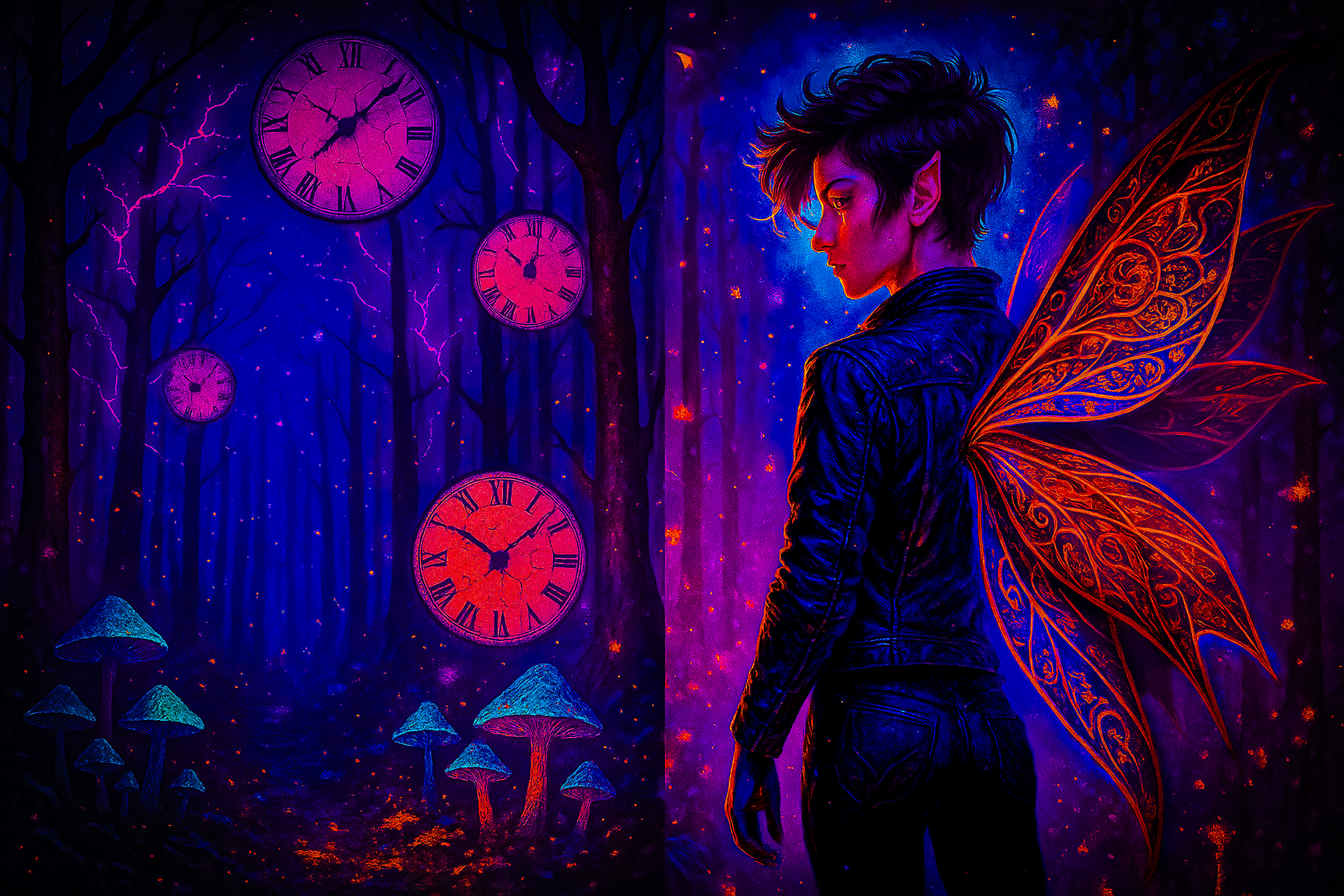 A moody forest at dusk with glowing mushrooms and cracked, floating clock faces in the trees. A leather‑clad faerie with ornate glowing wings turns to look back under a starry violet sky—visual embodiment of time, nature, and rebellion in A Faerie Named Fae.