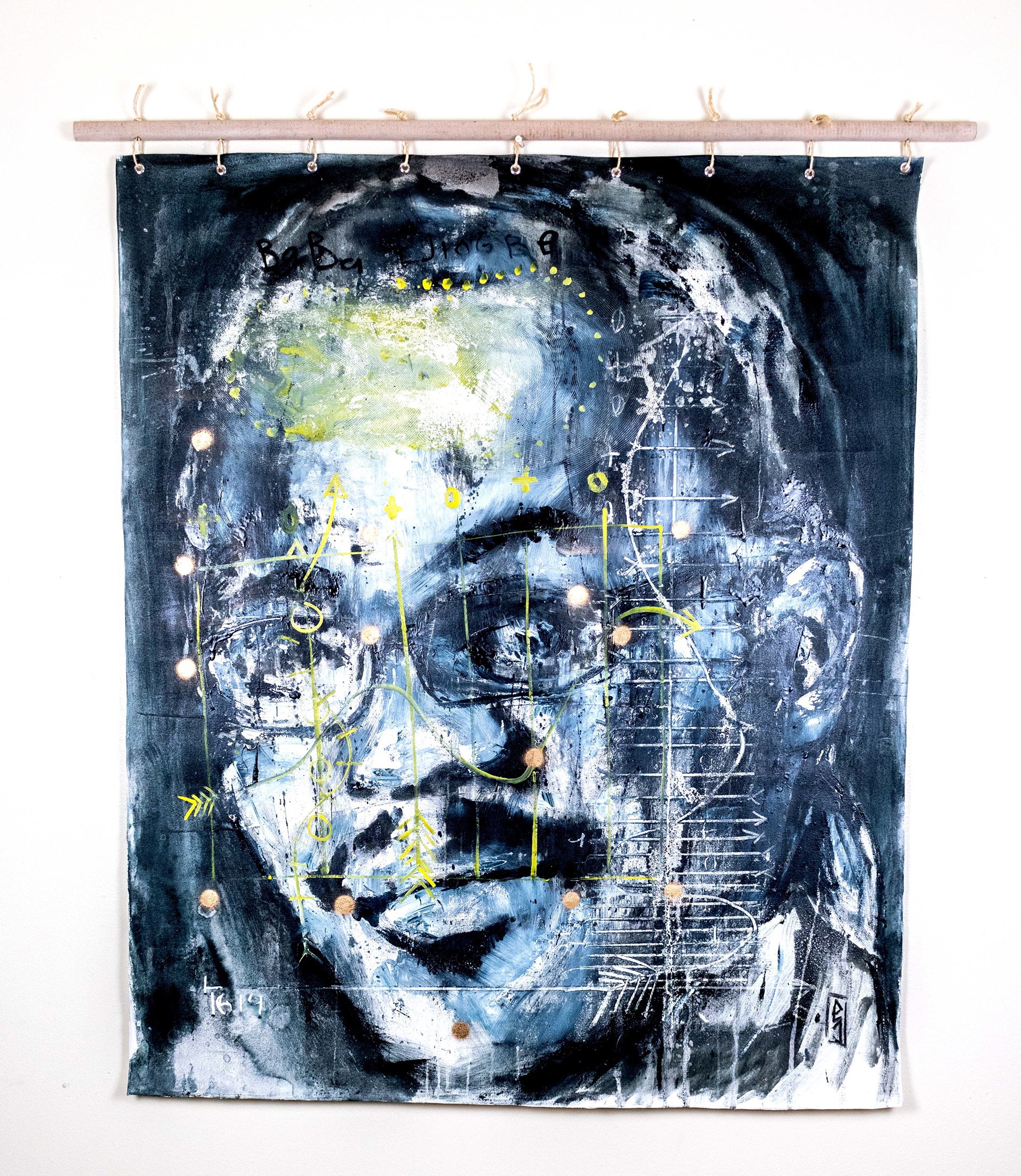 Inmate No-4 Mixed media, wood stick, and ropes on canvas 40 x 48 in