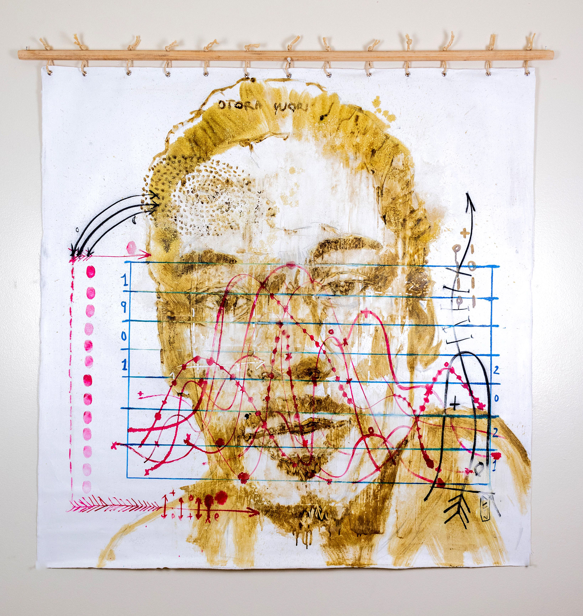 Inmate No-6 Mixed media, wood stick, and ropes on canvas 36 x 36 in