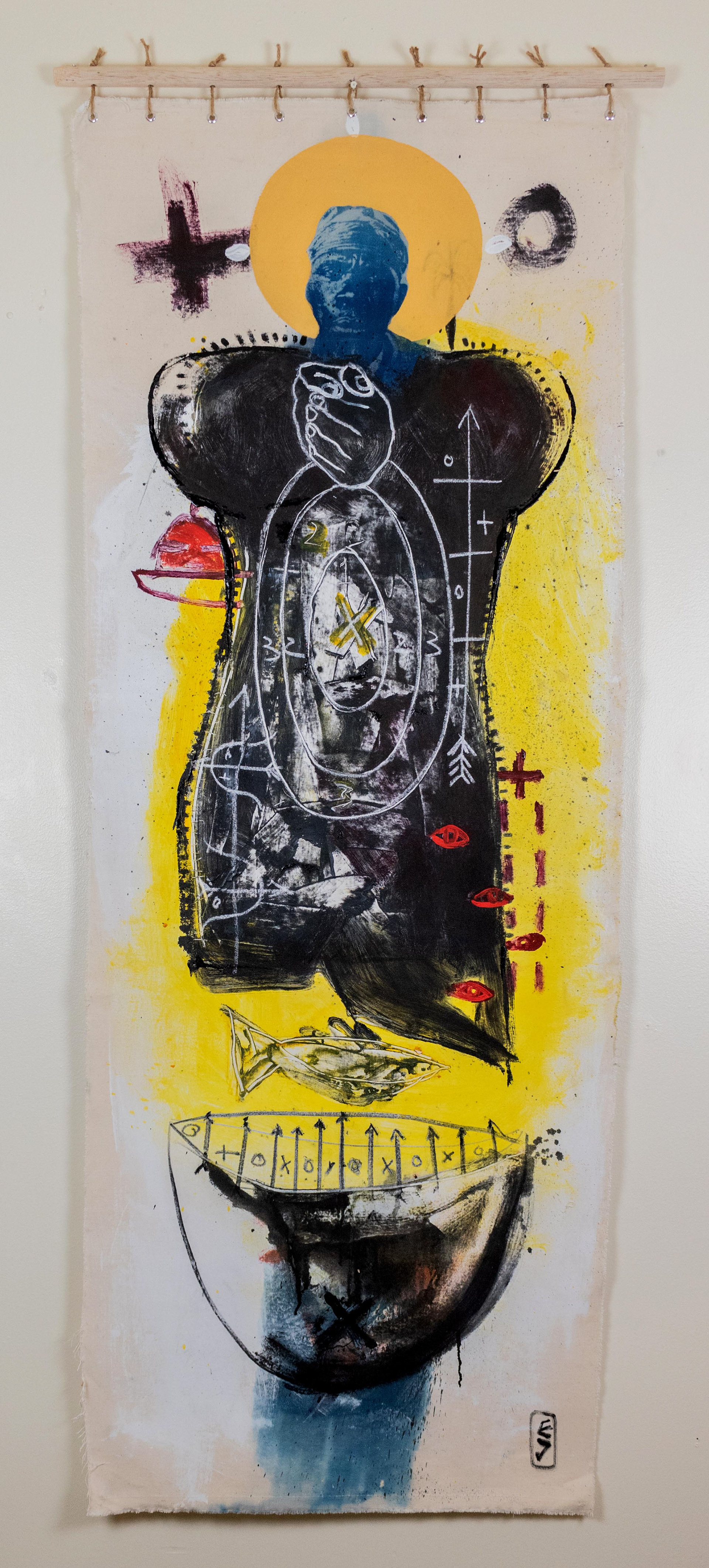 Bocu. Cyanotype, mixed media on canvas 32 x 72 in