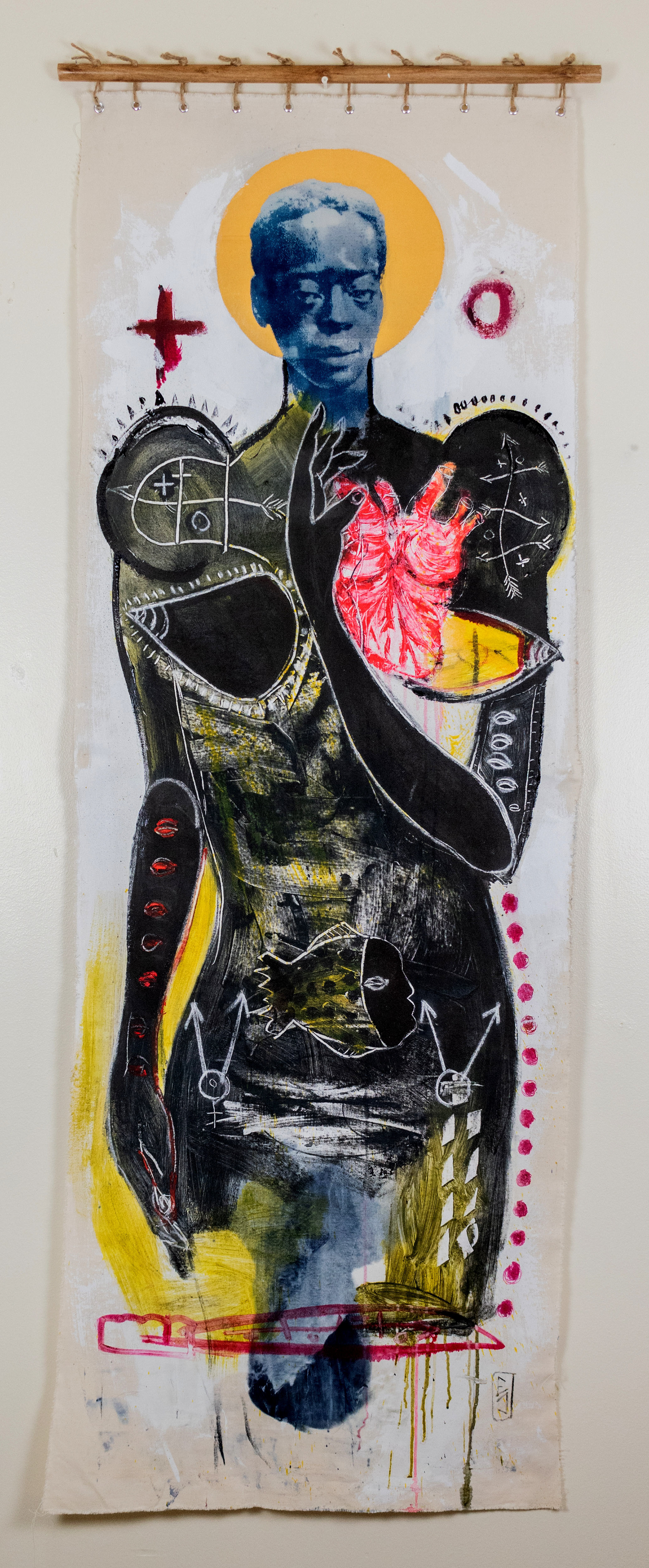 Ma Francisca. Cyanotype, mixed media on canvas 32 x 72 in