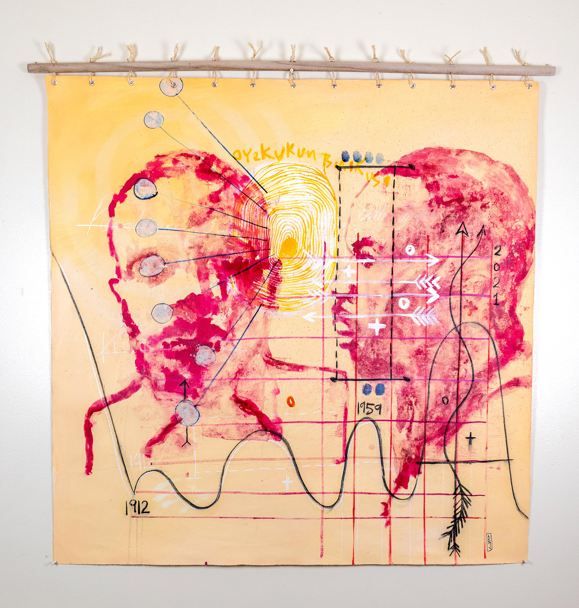 Inmate No-2 Mixed media, wood stick, and ropes on canvas 36 x 36 in