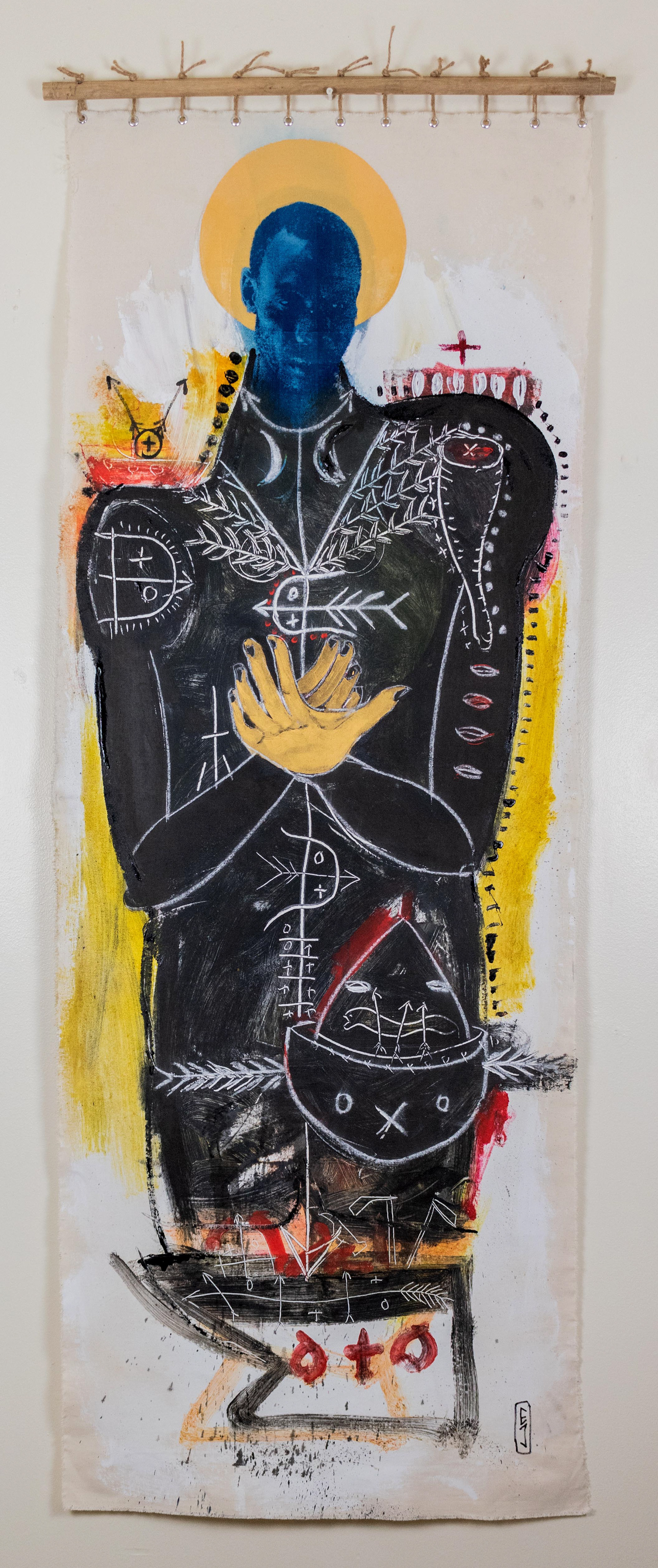 Pa Jose. Cyanotype, mixed media on canvas 32 x 72 in