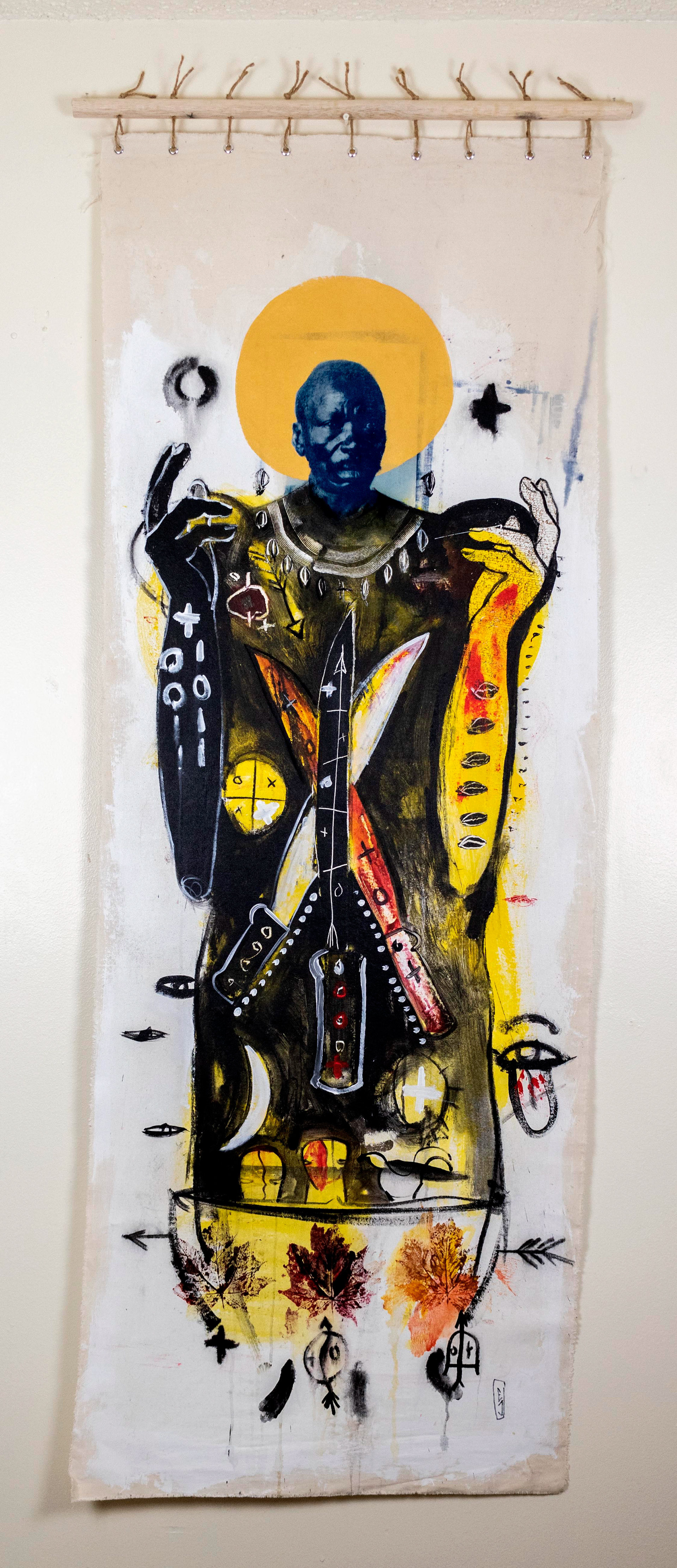 Ta Francisco. Cyanotype, mixed media on canvas 32 x 72 in