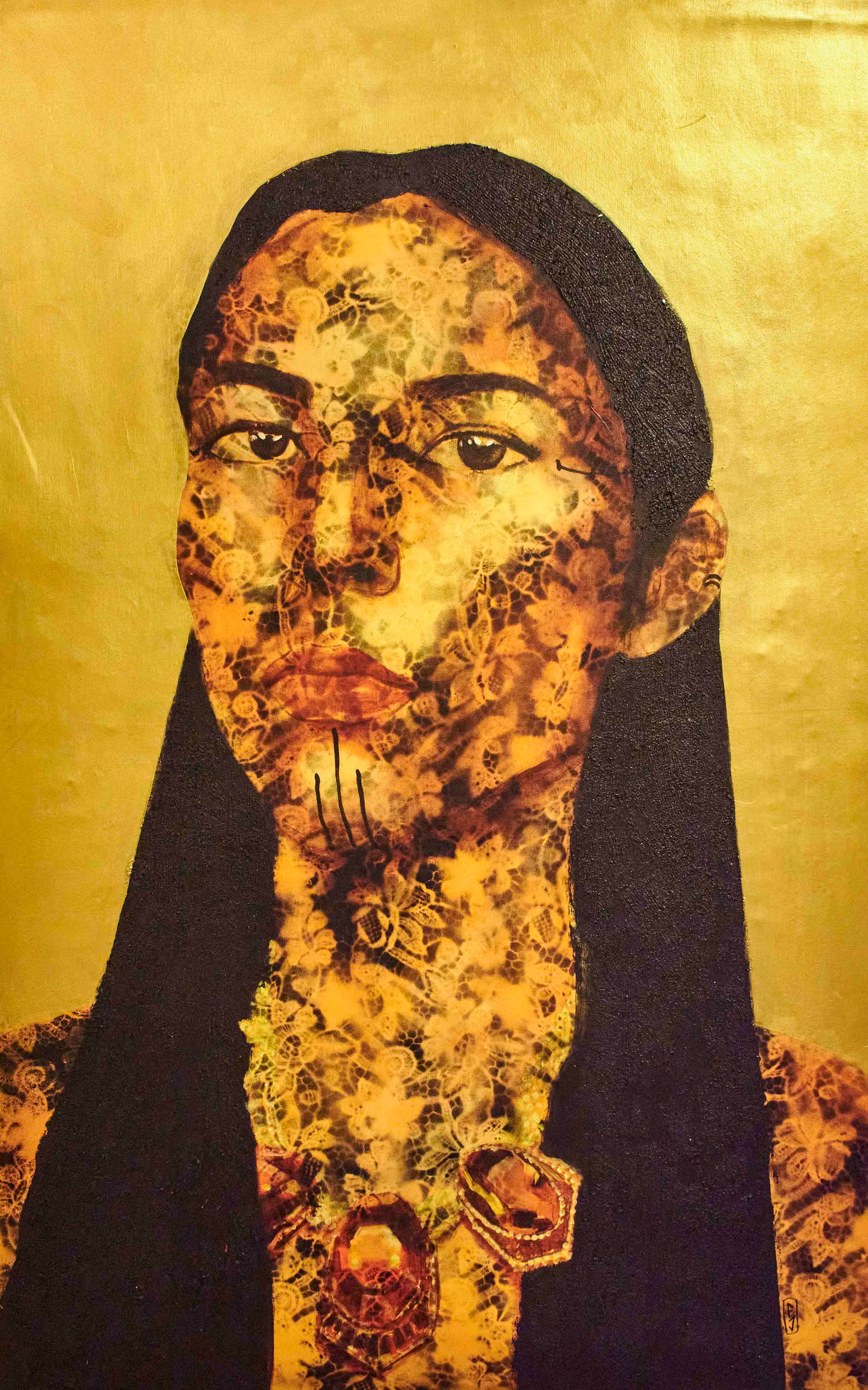 Quannah Chasinghorse. Mixed media on canvas 30 x 39 in