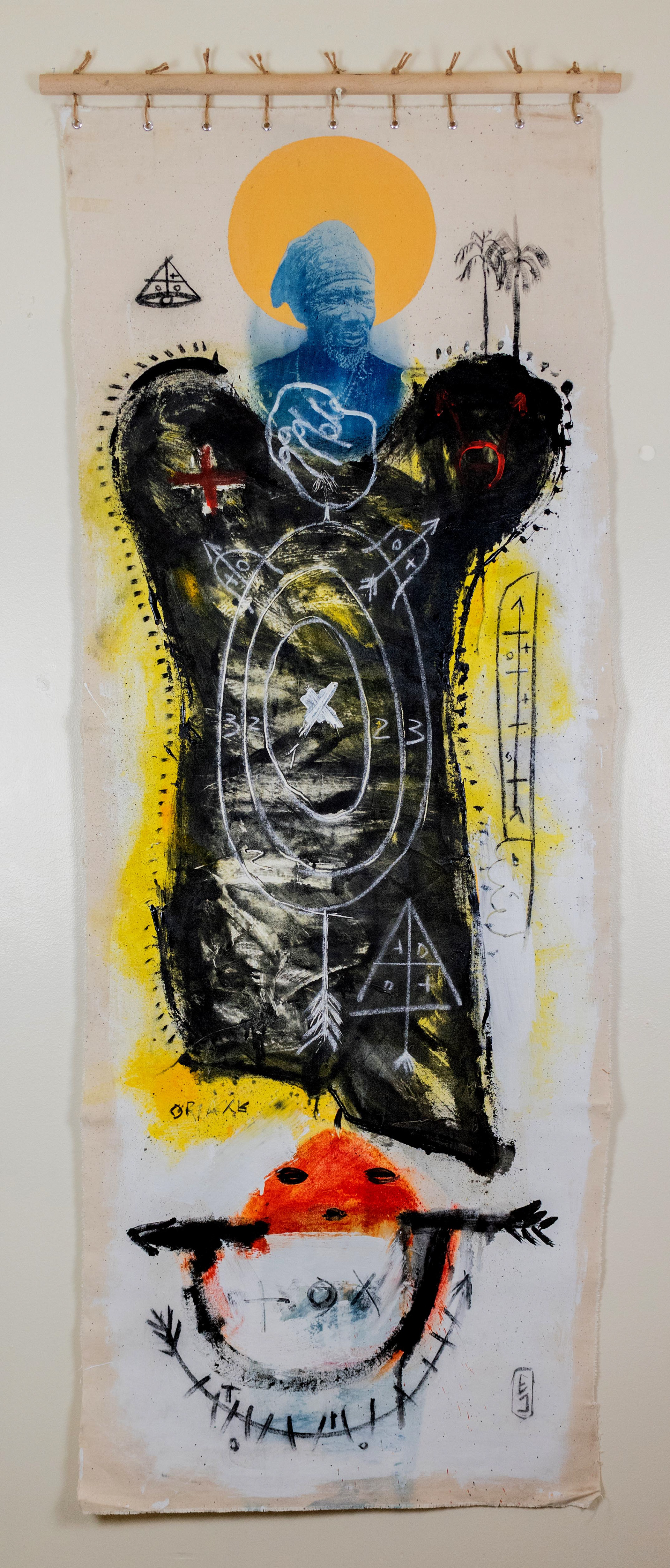 Taita Ramon. Cyanotype, mixed media on canvas 32 x 72 in