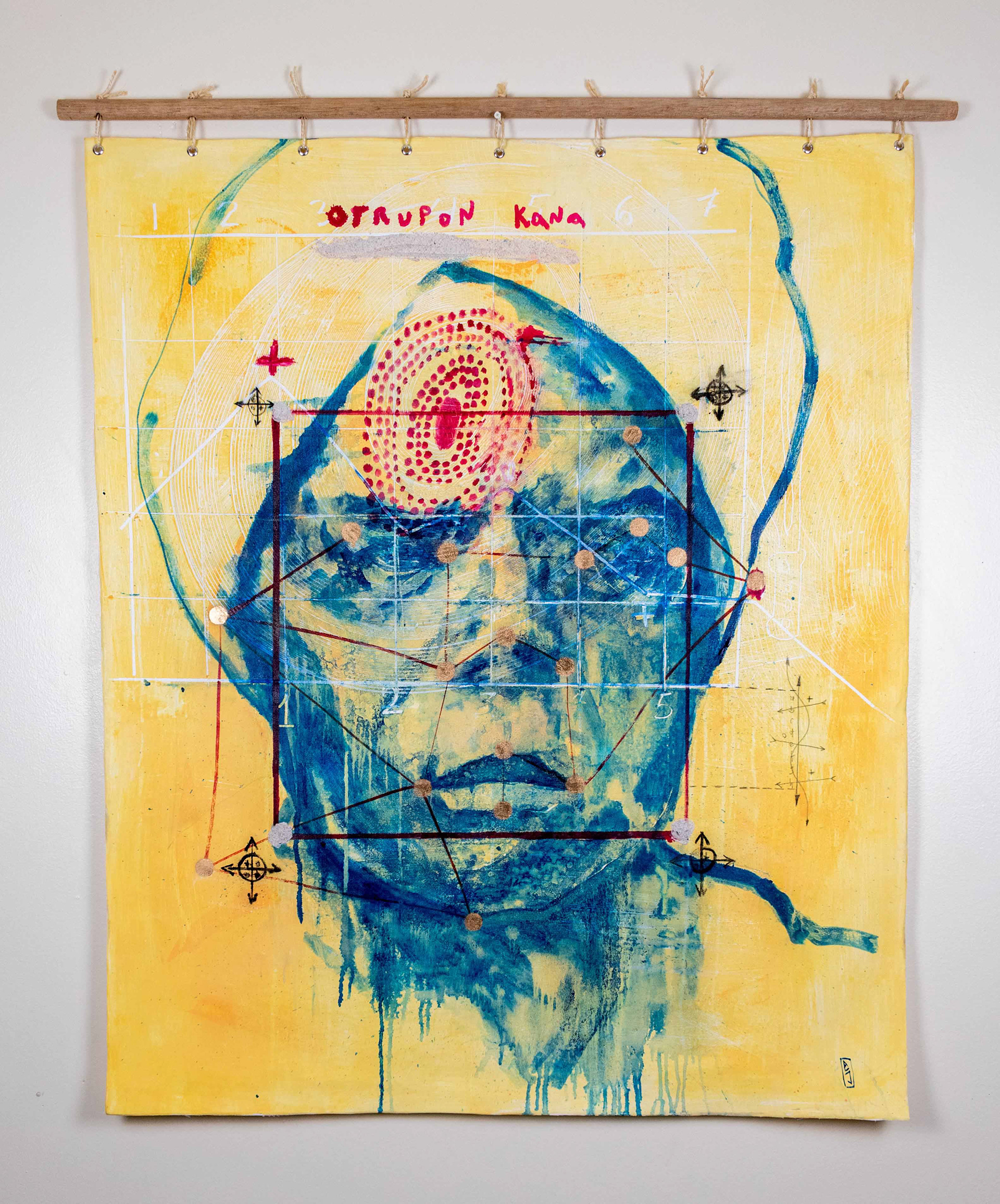 Inmate No-1 Mixed media, wood stick, and ropes on canvas 40 x 48 in
