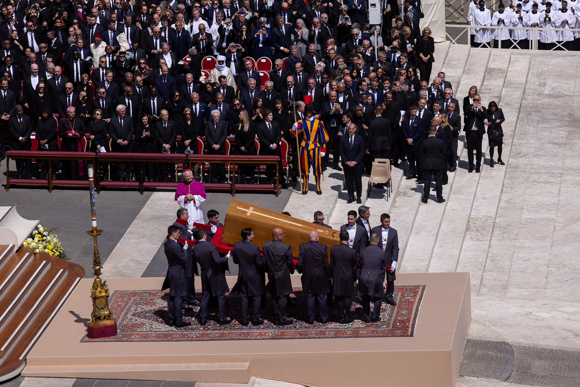 Pope Francis’ coffin carried by pallbearers at the end of the funeral mass, before transfer to Santa Maria Maggiore. Photo © Marek Ladzinski / FORUM