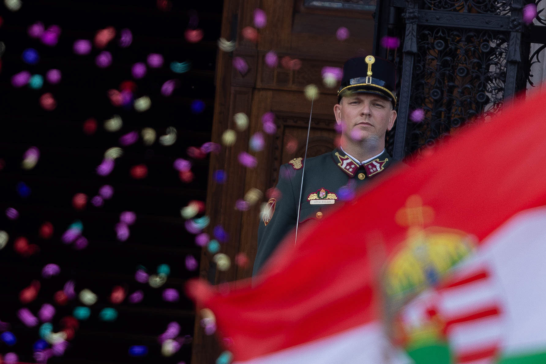 One of the soldiers during the speech of Hungarian Prime Minister Peter Magyar in Budapest. Photo © Marek Ladzinski
