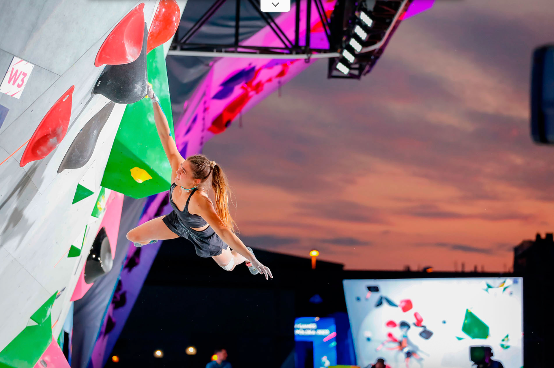 European Games 2023 – Sport climbing. Agathe Calliet (FRA) on key difficulty move in problem W3. Photo © Marek Ladzinski / FORUM