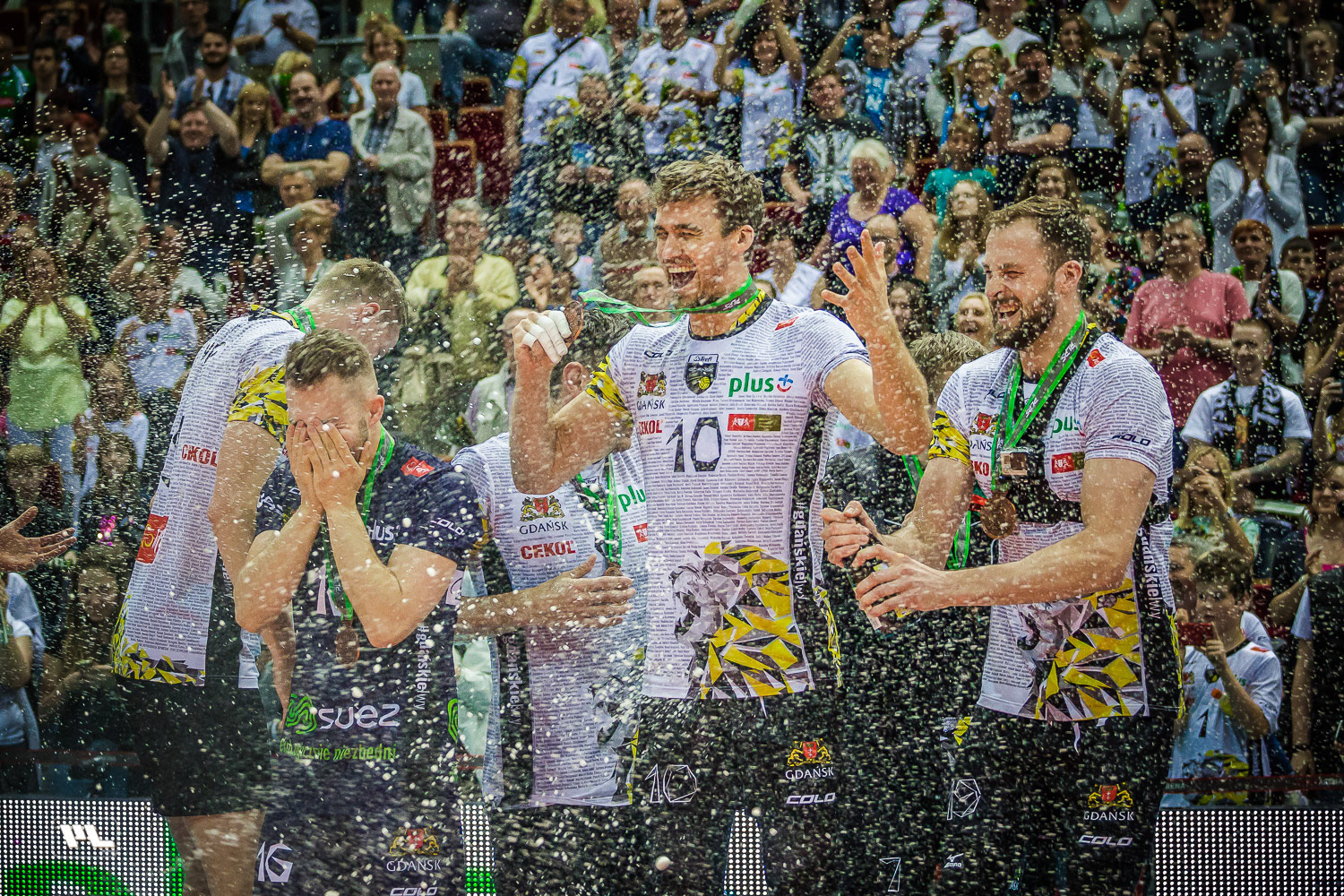 Lotos Trefl volleyball players celebrate winning the Polish Cup, April 19, 2015. © Marek Ladzinski 