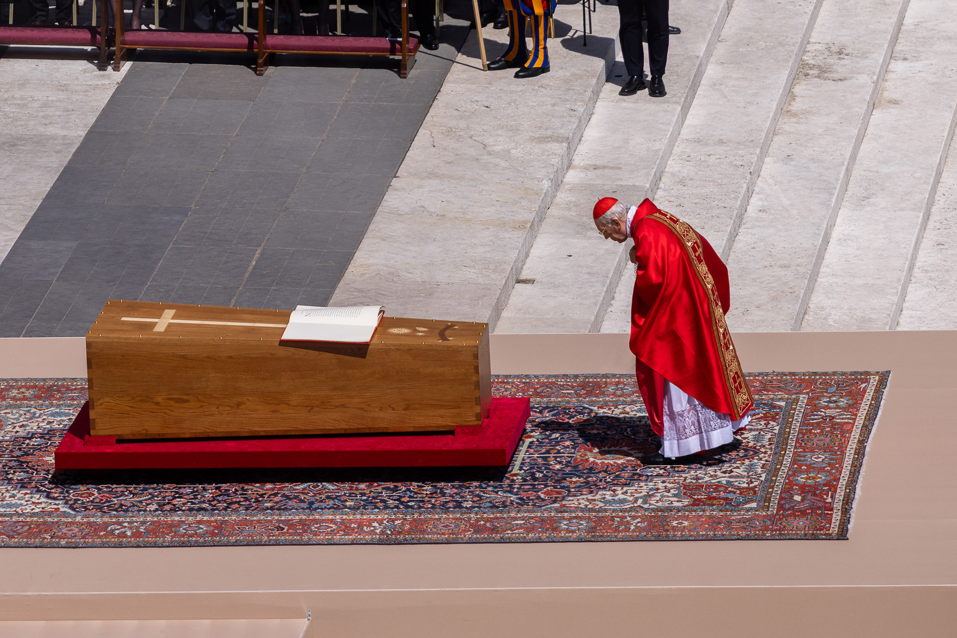 Cardinal Giovanni Battista Re, Dean of the College of Cardinals, leads Pope Francis’ funeral Mass at St. Peter’s Square, bowing before the coffin. Photo © Marek Ladzinski / FORUM