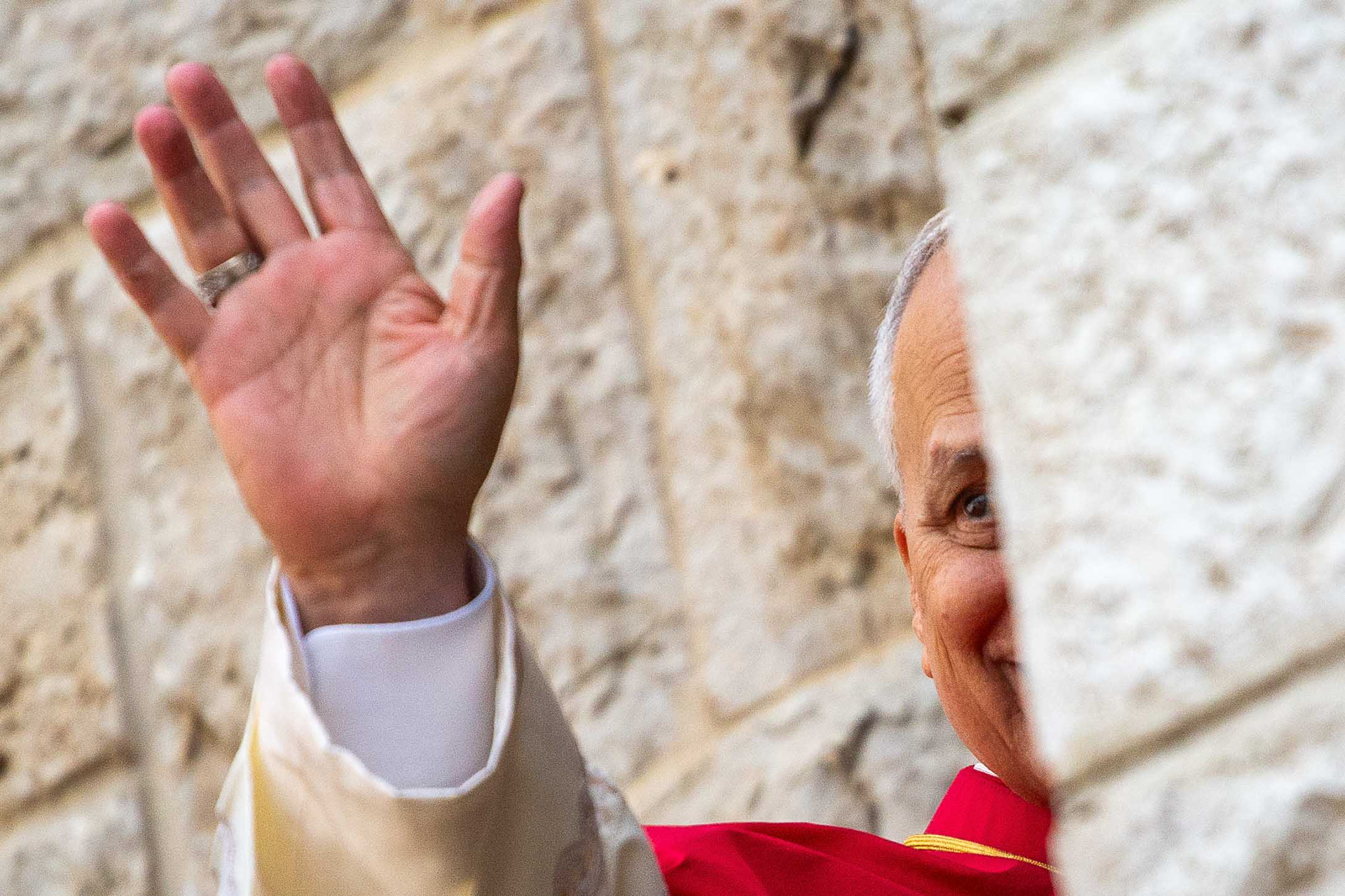 Pope Leo XIV prays at the tomb of Saint Charbel during a visit to the Saint Maroun Monastery in Annaya, Lebanon. Photo by: © Marek Ladzinski/ZUMA Press Wire