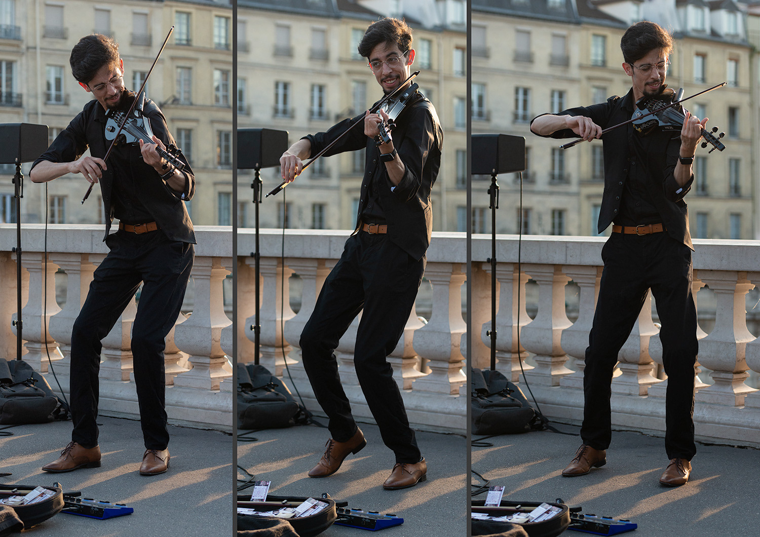 Ahcene playing the violin on the Pont Saint-Michel, Paris.
