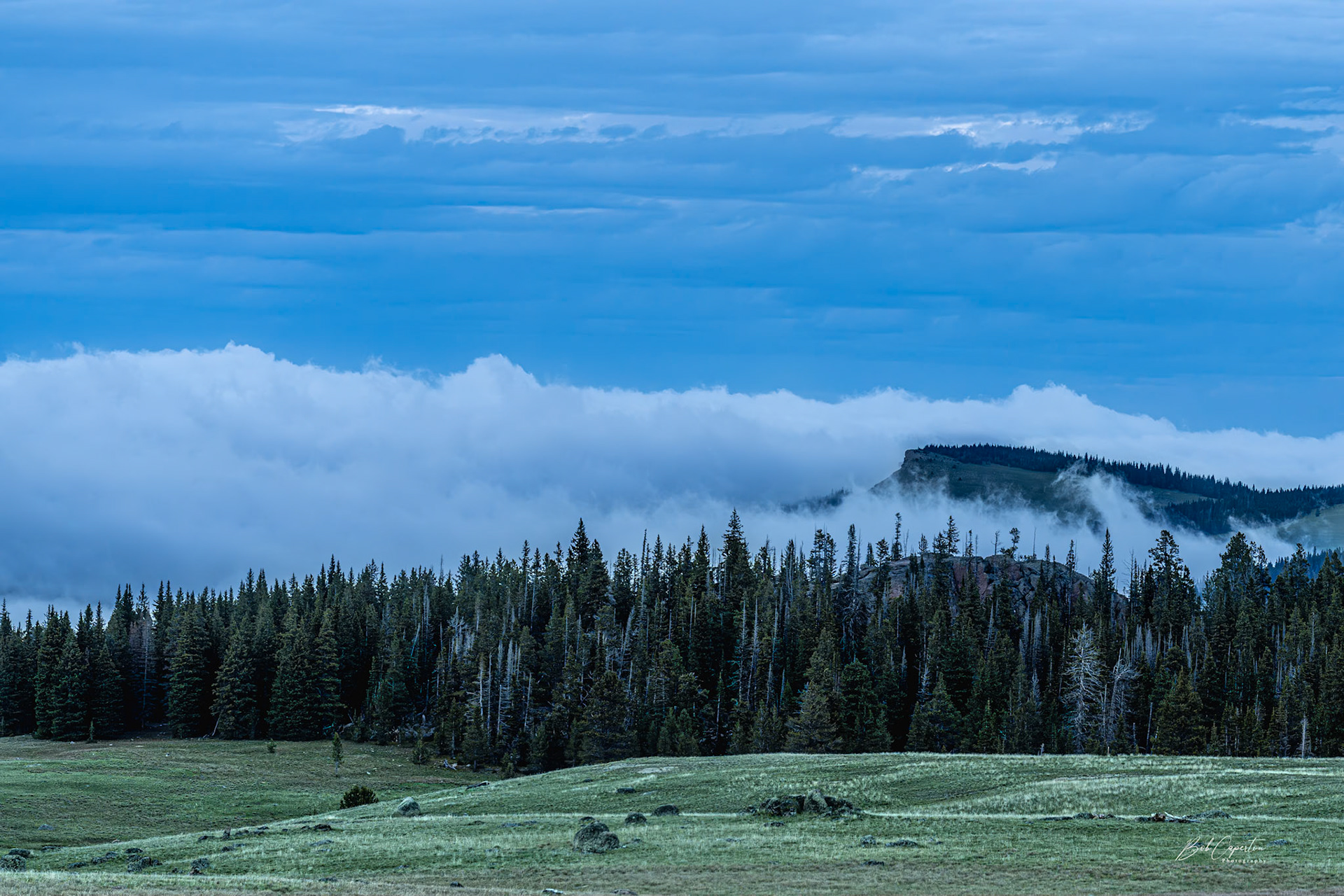 Twin Buttes in Fog - Big Horn NF