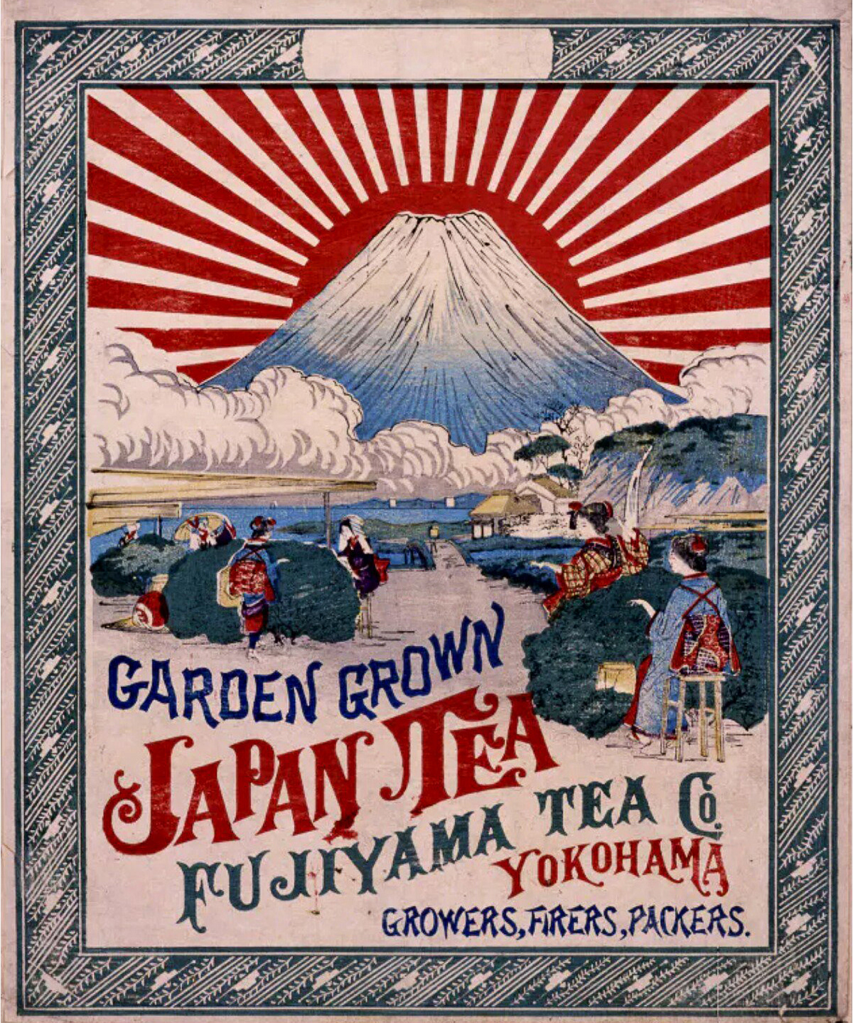 Ranji, etichetta del tè verde giapponese con design del Sole nascente sul monte Fuji. Anno 1868.