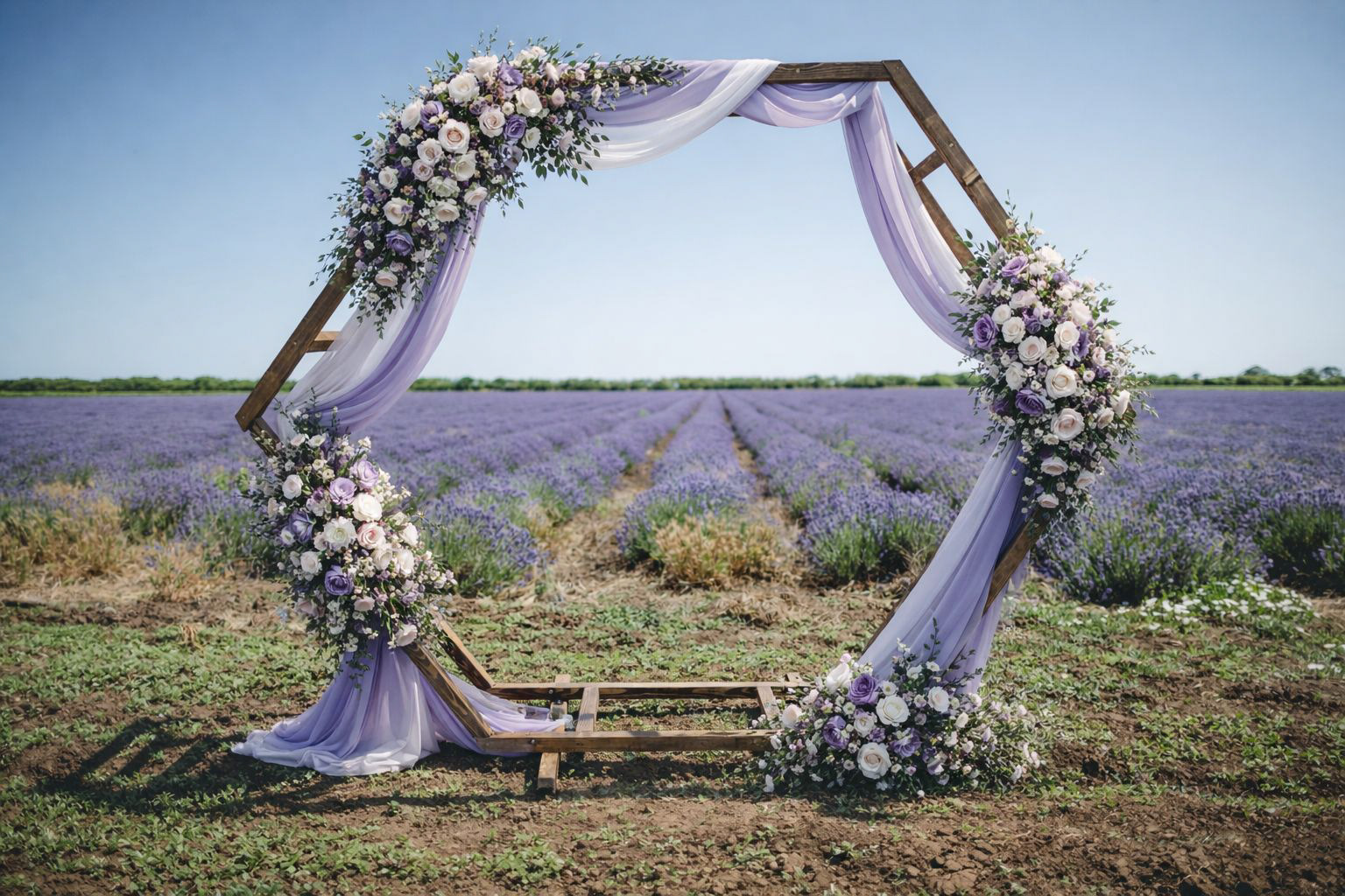 Двойна шестоъгълна арка в бохо стил. Дървена конструкция за ритуал.