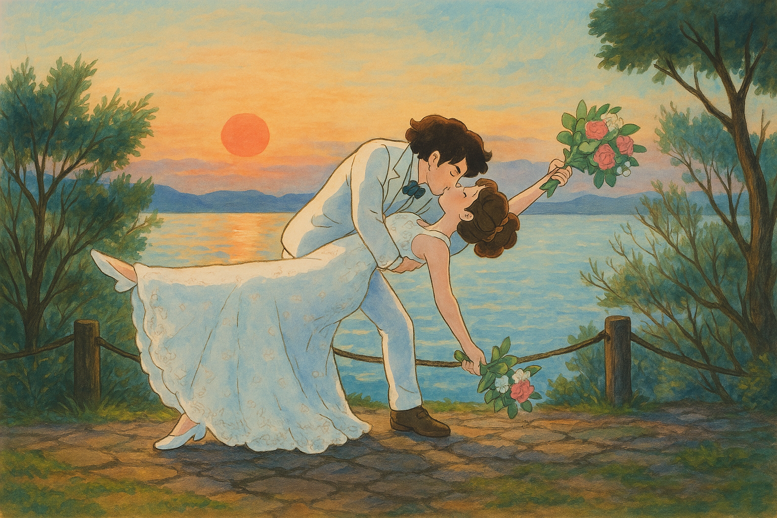 Сватбена фотография Бургас – младоженци в прегръдка на фона на залез, колаж по реална снимка от Габриел Александров.