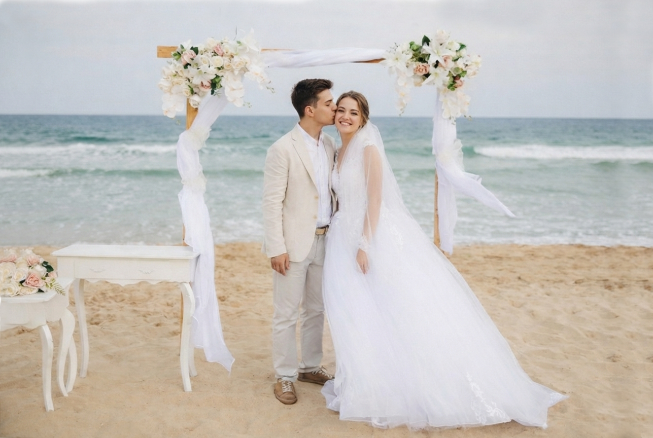 Правоъгълна сватбена арка на плажа.