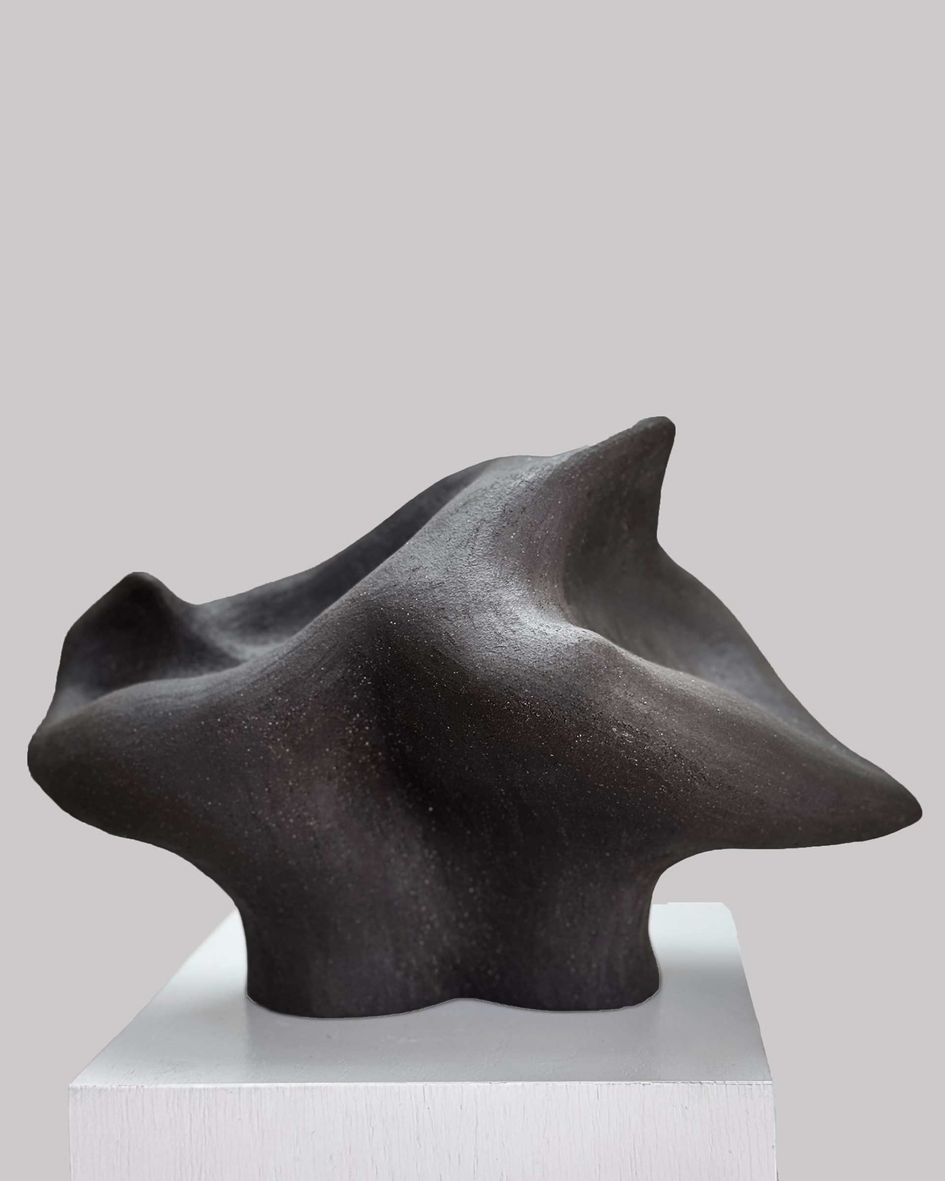 Aeolian Form, 2026. Black stoneware sculpture by Kendall Conrad, 10 × 11 × 7 in.