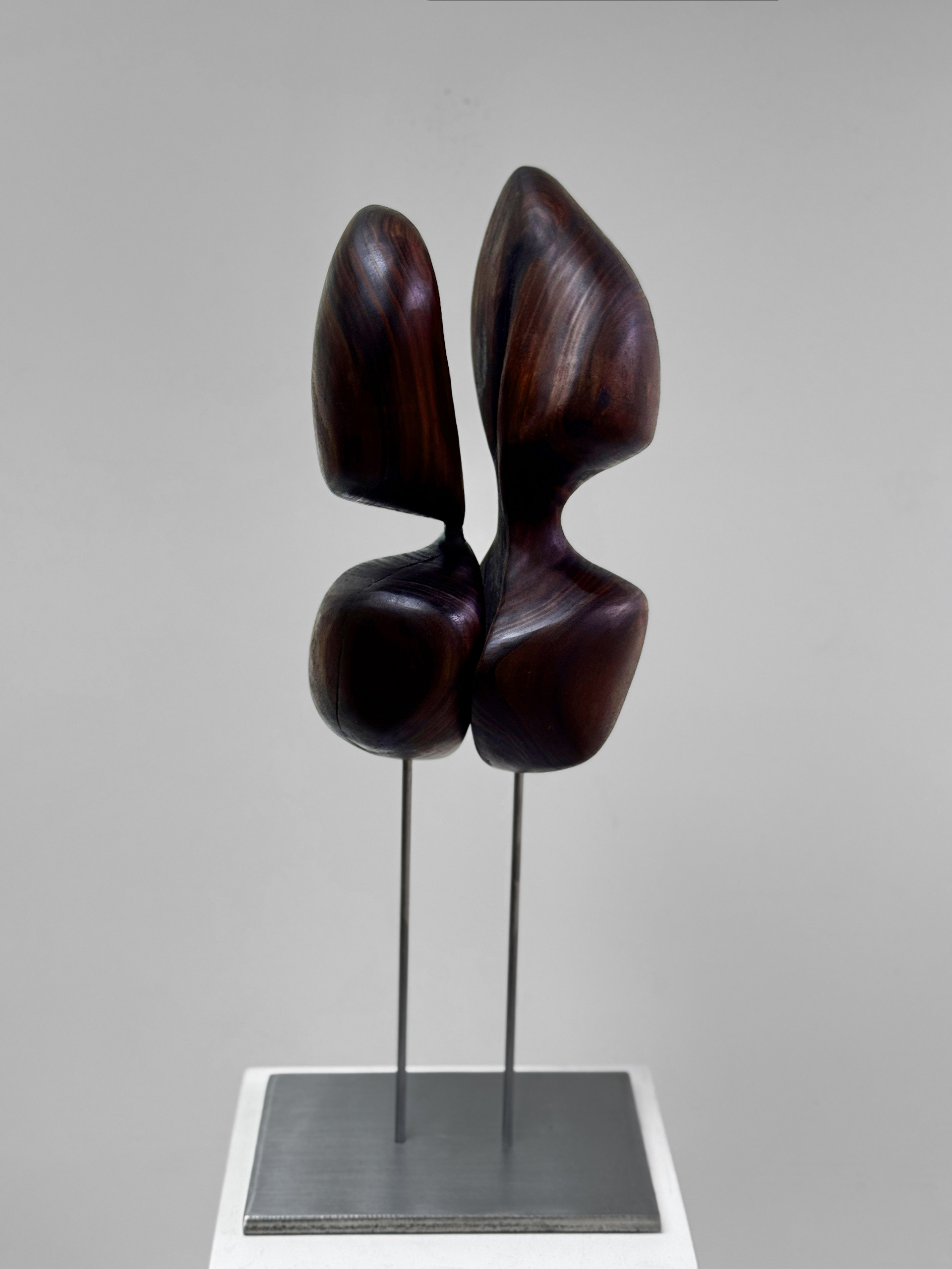 Shear Axis, 2026. California black walnut sculpture by Kendall Conrad, 12 × 7 × 5 in.