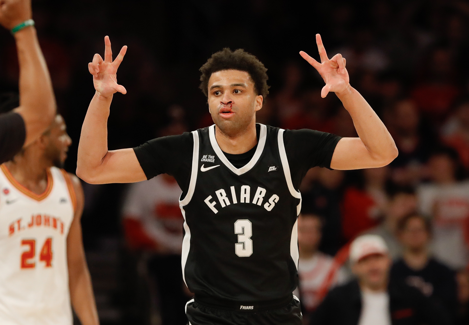 New York, NY - Providence Guard #3 Jabri Abdur-Rahim celebrates after hitting a three during Conference play against St. Johns at Madison Square Garden on Feb. 1st, 2025.