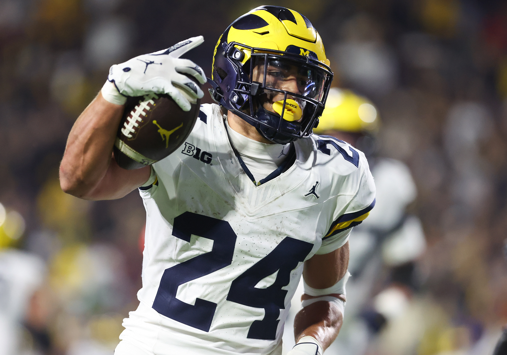 College Park, MD - University of Michigan Junior RB #24 Bryson Kudzal celebrates scoring a touchdown againt University of Marlyand during B1G Ten Rivilary Weekend 2025  