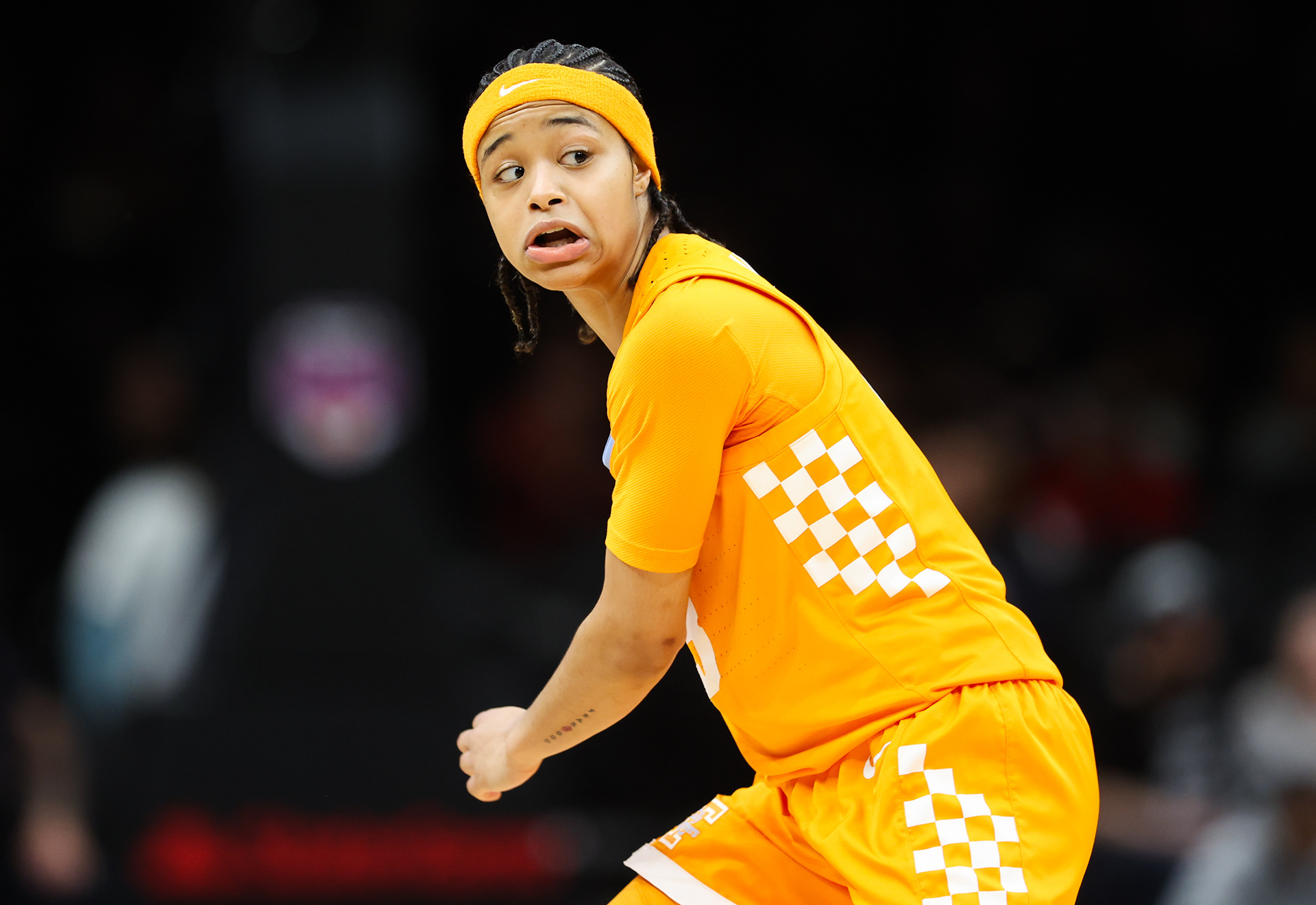 Brookyln, NY - University of Tennesse Freshmen Gaurd #13 Mia Pauldo reacts during play in the Womens Championship Classic '25 during non-conference play against Louisville at the Barclays Center