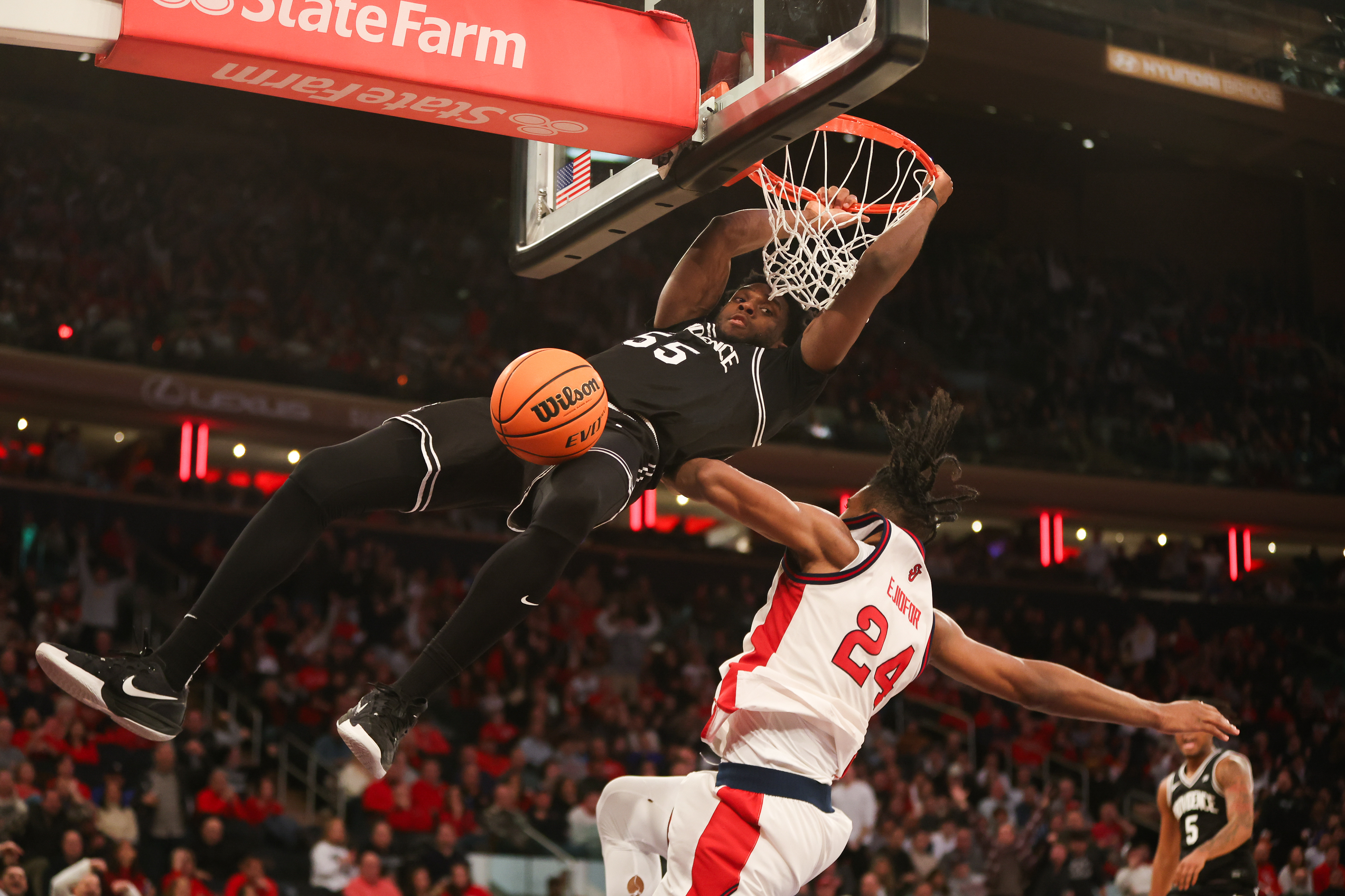 New York, NY - Providence Forward #55 Oswin Erhunmwunse dunks the ball against St. John's at Madison Square Garden during conference play on Janurary 3rd, 2026