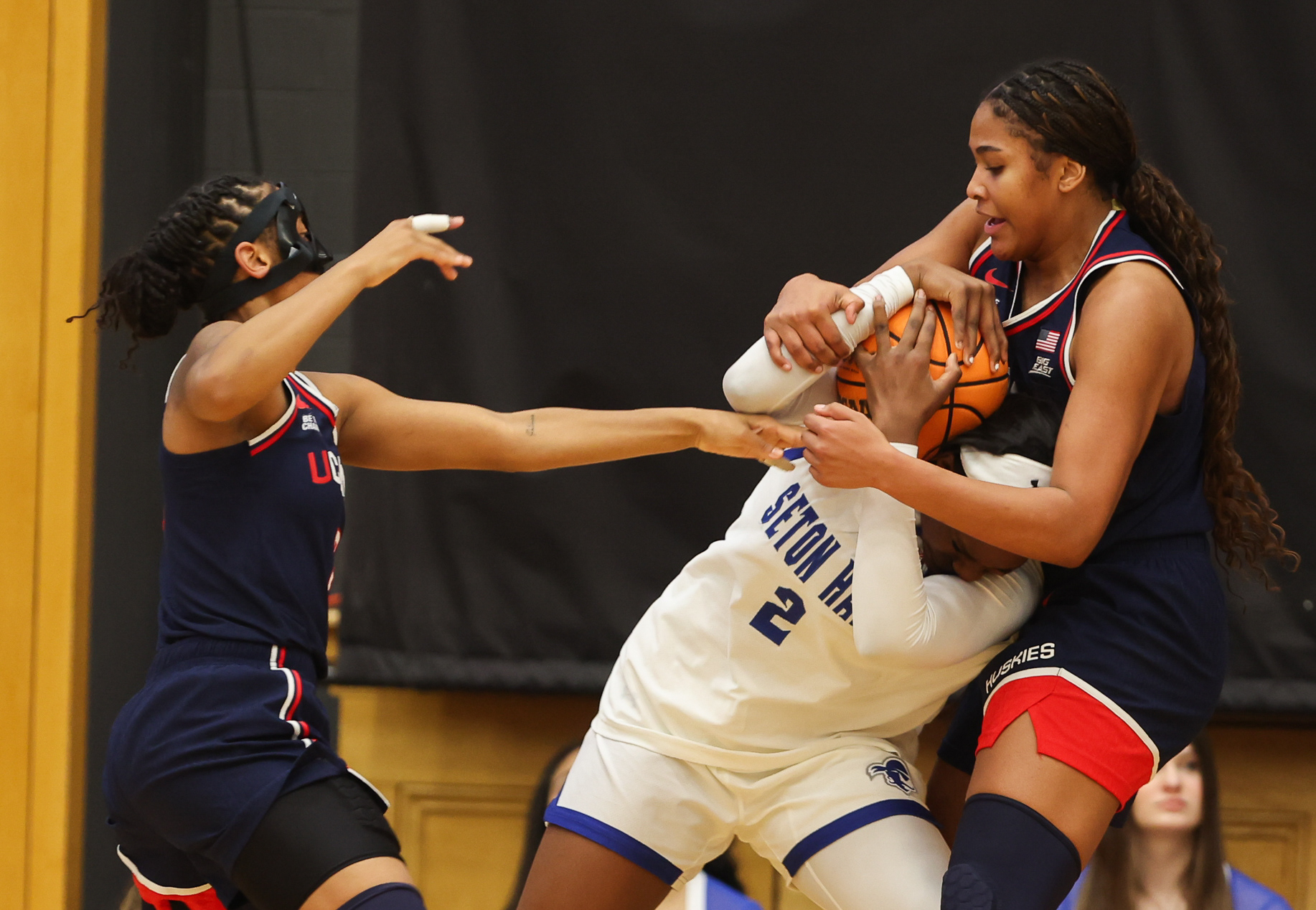 South Orange, NJ - UConn Sophomore Forward #21 Sarah Strong alongside UConn Junior Gaurd #2 KK Arnold attempt to steal the ball from Seton Hall Gaurd #2  Ja'kahla Craft during conference play in Walsh Gymnasium on January 24th, 2026