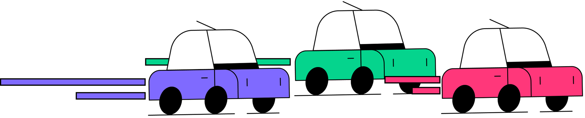 Illustration de trois voitures avec les couleurs d'Ornikar