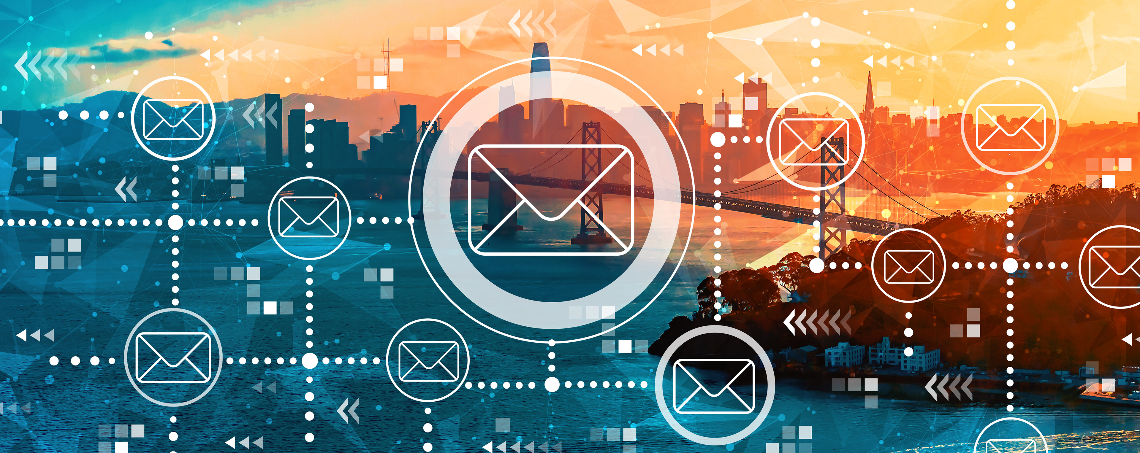 Cityscape showing sky scrappers and a bridge over a river, Colourisation of blues, oranges and yellows. Images of mail icon over the top of image, a series of geometric dots, squares and triangles adding repetitive pattern detail