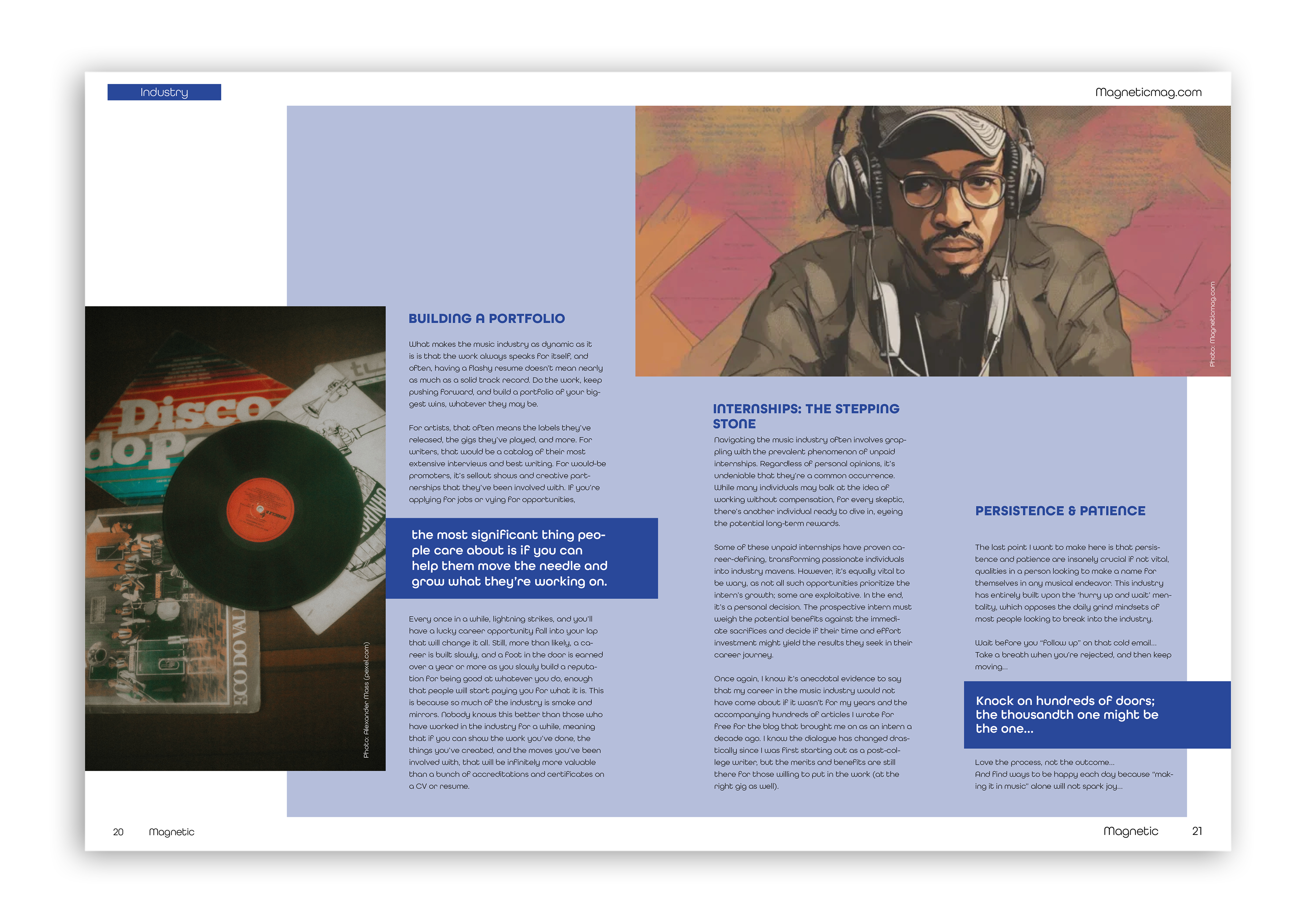 Consistent use of imagery, layout, and typography creates a cohesive visual identity throughout the magazine, while clear variations highlight and distinguish each article.