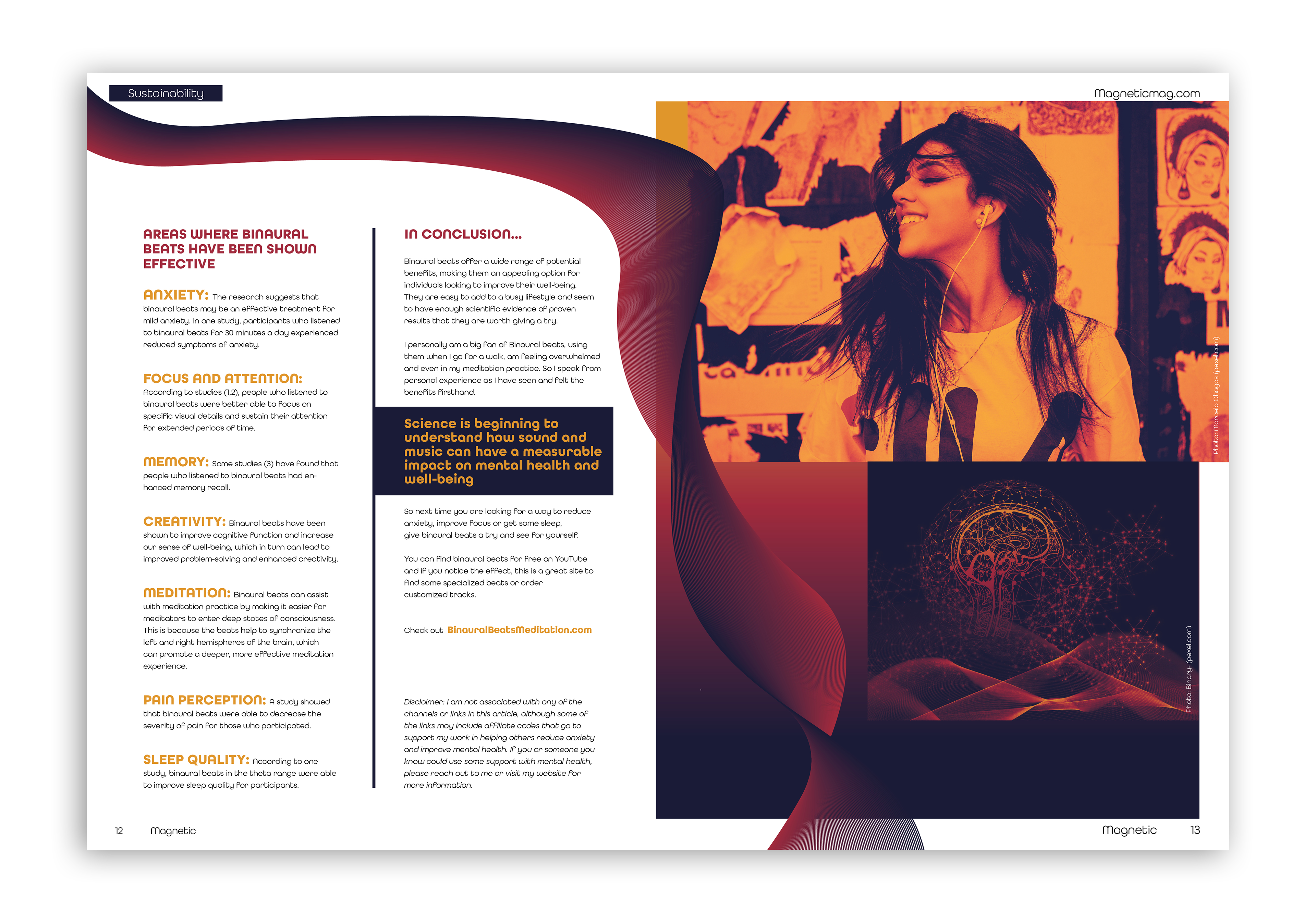 Consistent use of imagery, layout, and typography creates a cohesive visual identity throughout the magazine, while clear variations highlight and distinguish each article.