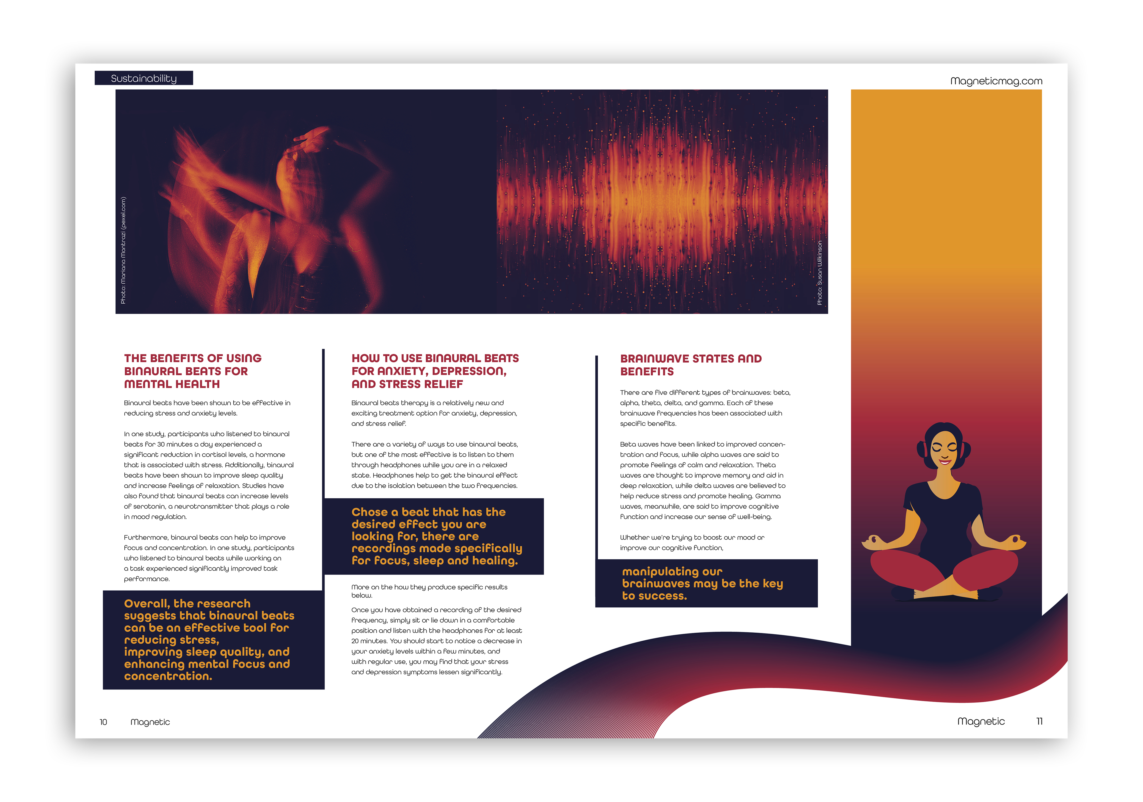 Consistent use of imagery, layout, and typography creates a cohesive visual identity throughout the magazine, while clear variations highlight and distinguish each article.