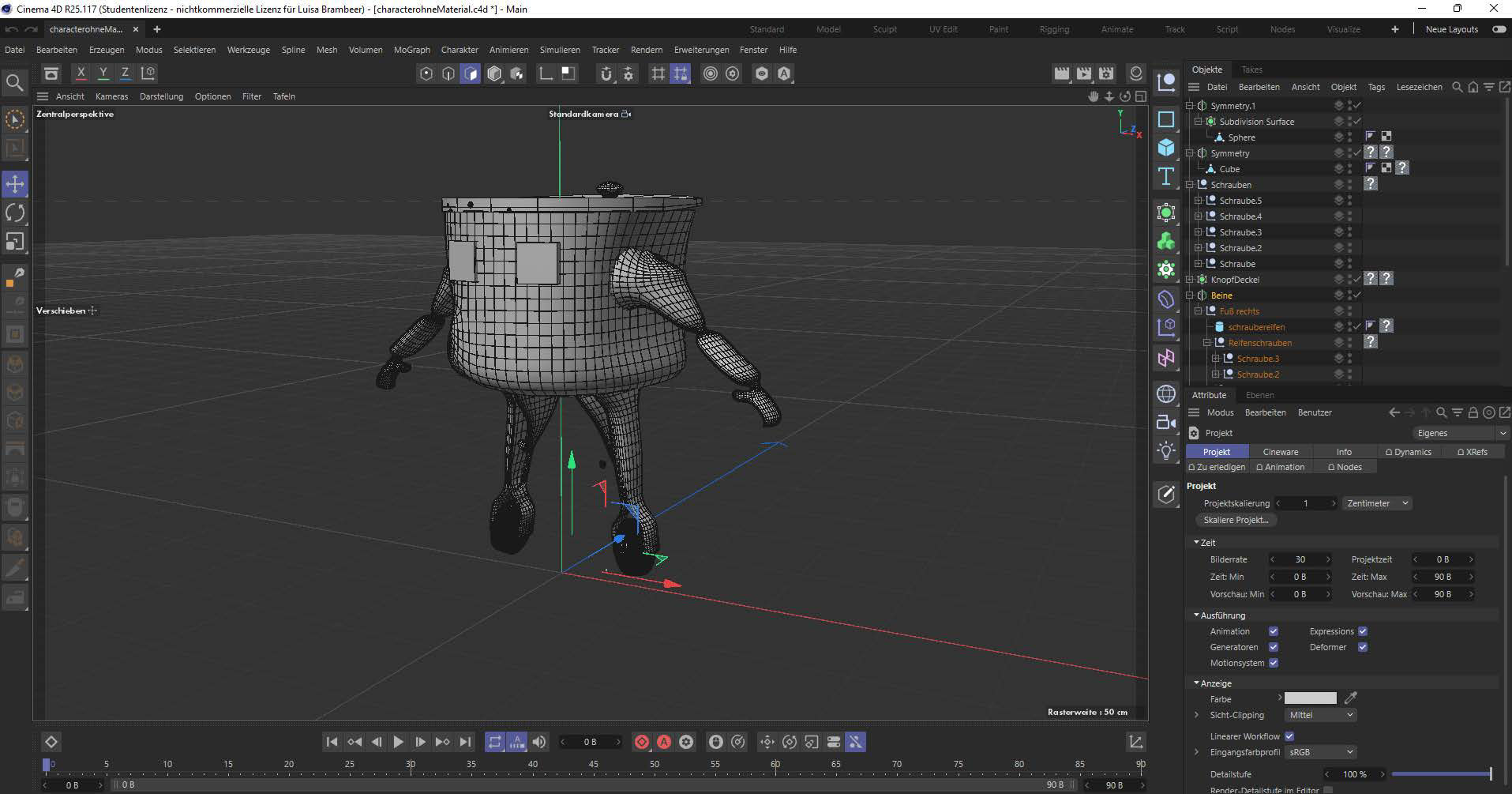 Durch das Symetrie Objekt bei den Füßen, den Augen und den Händen ging es relativ schnell den Character fertig zu Modellieren. Hinterher habe ich Feinheiten, wie Schrauben und Räder angepasst.