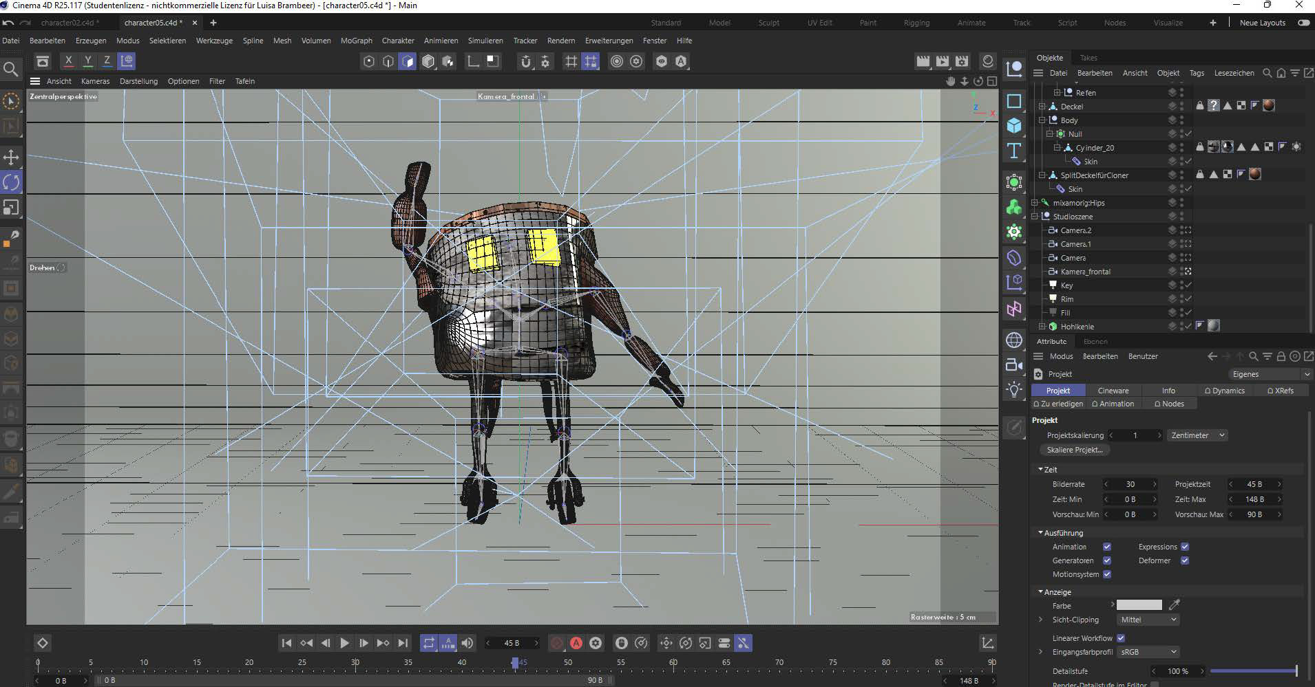 Das Rig, sowie die Animation habe ich in Mixamo erstellen lassen. Hinterher habe ich Kameraperspektiven, Lichtsituationen und eine Studioszene erstellt und die Animation gerendert. Bei den Rendereinstellungen habe ich Ambient Occlusion eingeschaltet und die Bildauflösung auf 300dpi gesetzt.